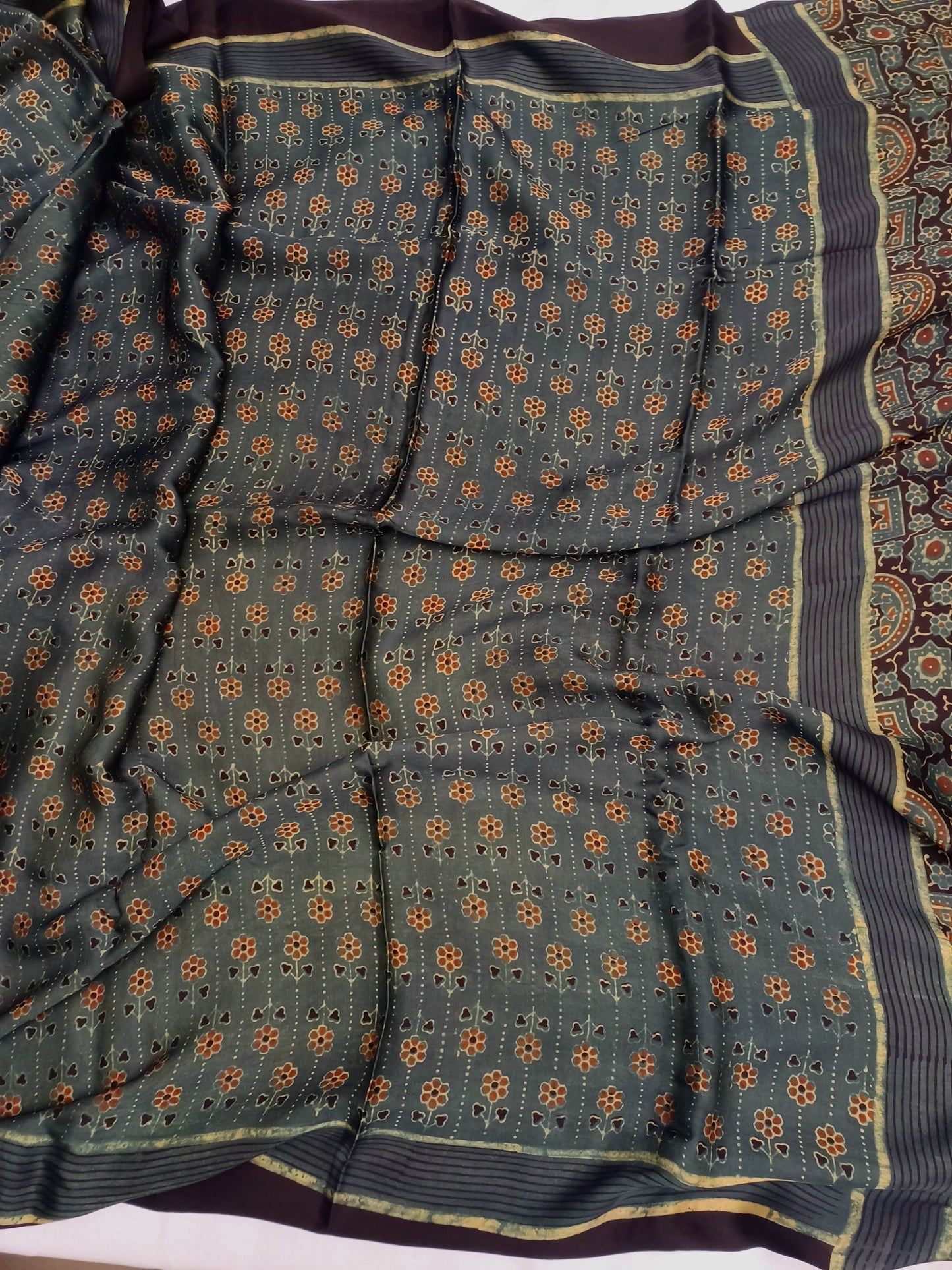 Dark Green Modal Silk Ajrakh handblock print saree