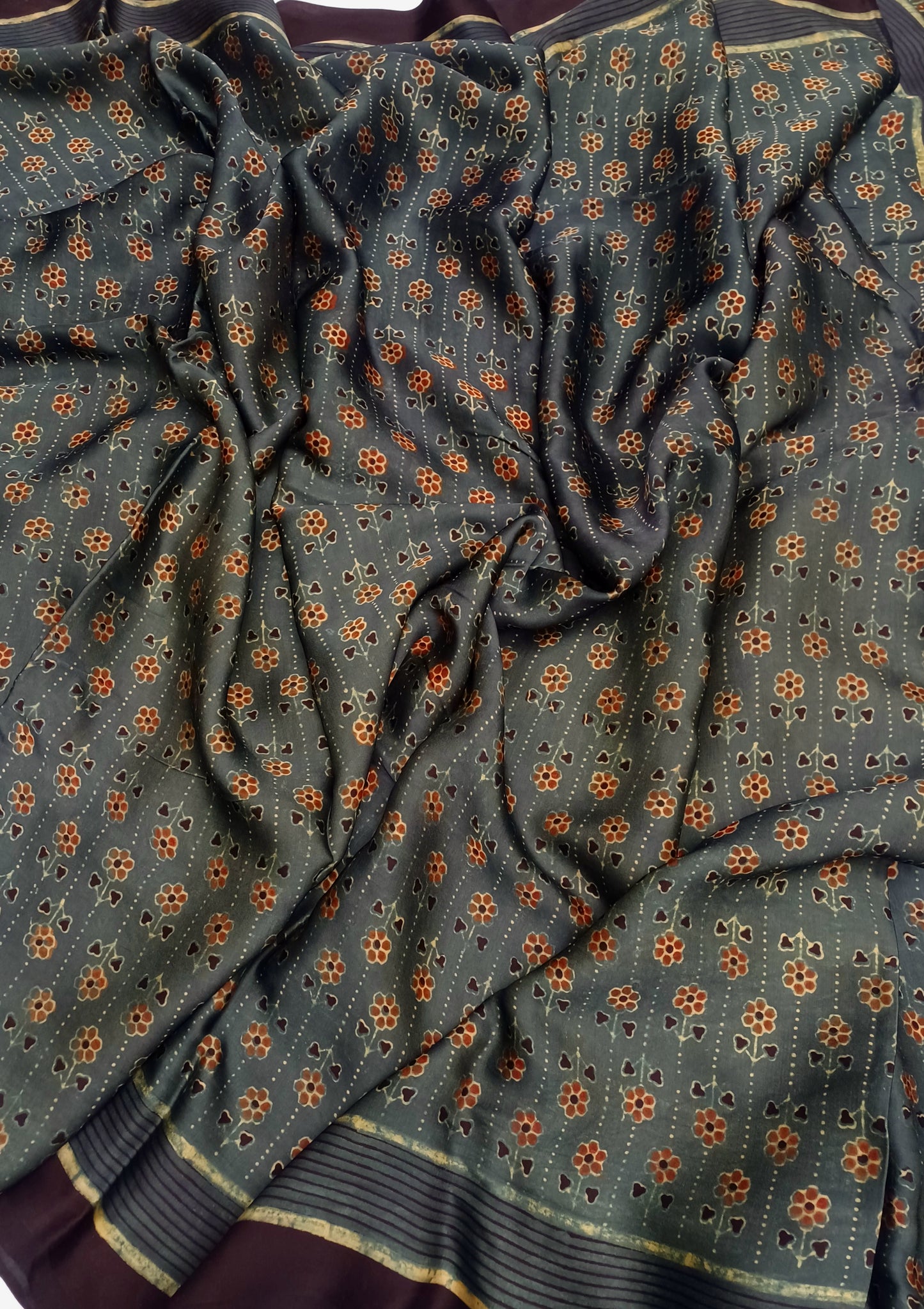 Dark Green Modal Silk Ajrakh handblock print saree