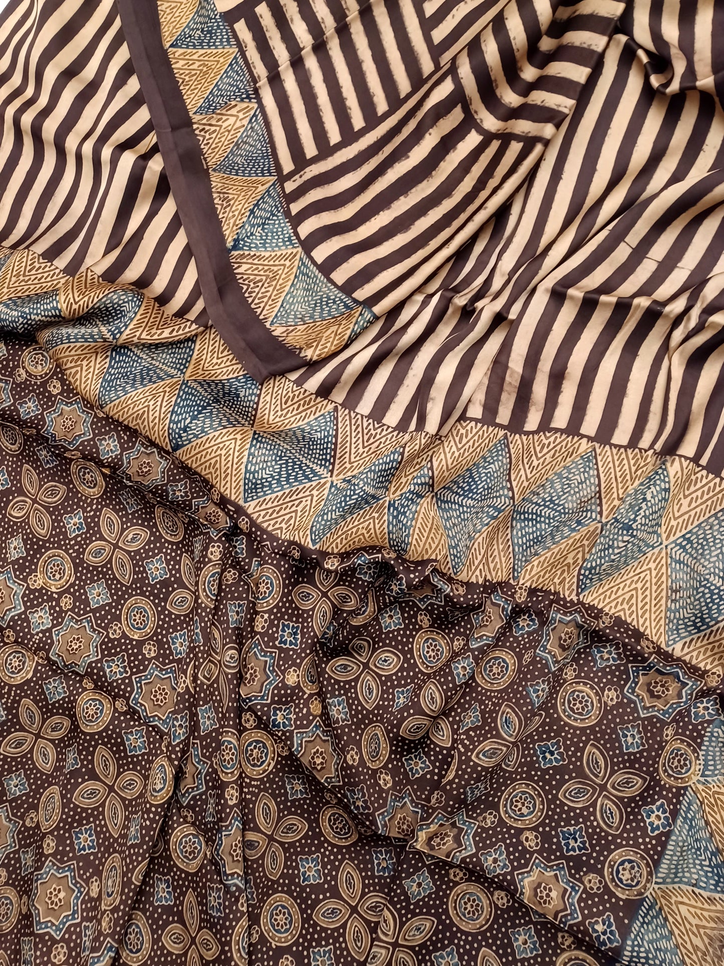 Brown Modal Silk Ajrakh handblock print saree