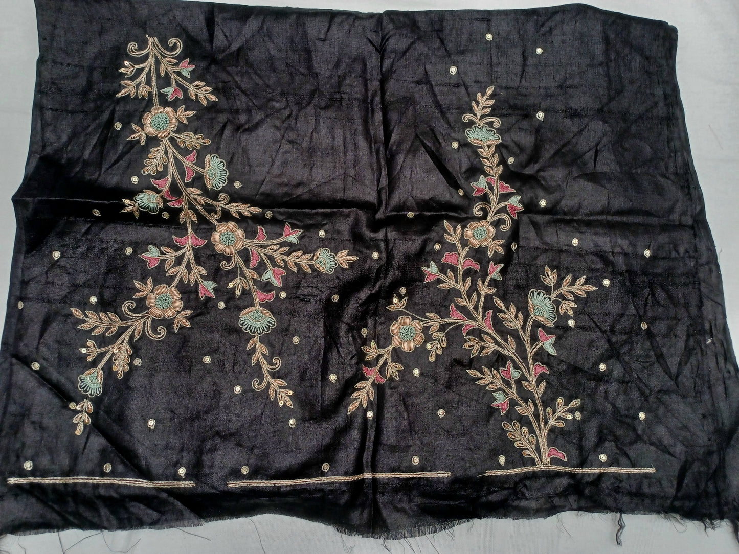 Black pure tussar silk blouse handcrafted with zardosi and french knot work