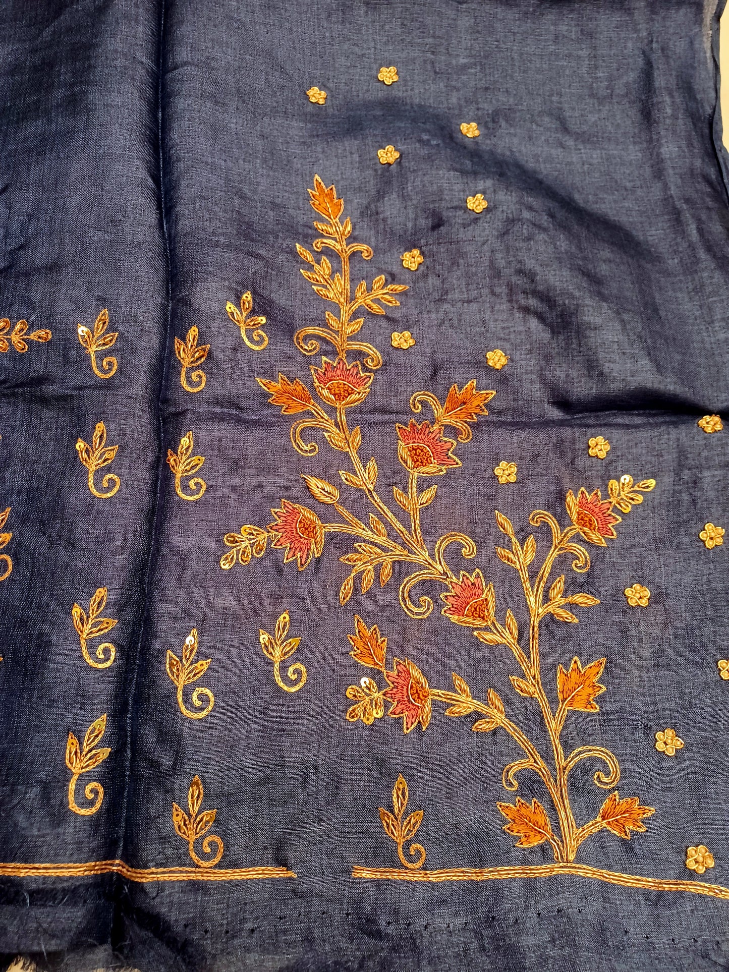 Dark Blue pure tussar silk blouse handcrafted with zardosi and french knot work