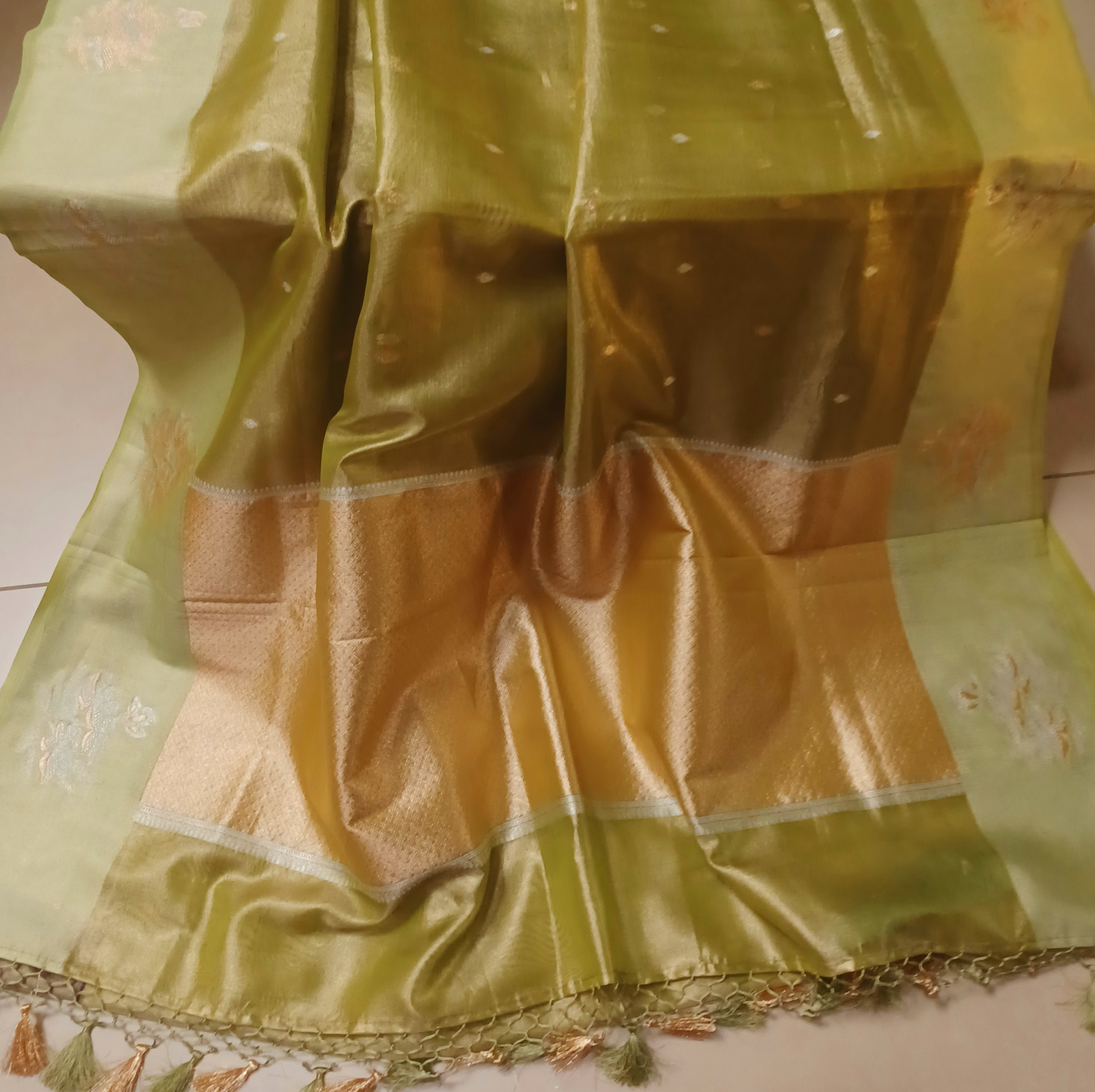 Olive Green Banaras tissue Blend Saree