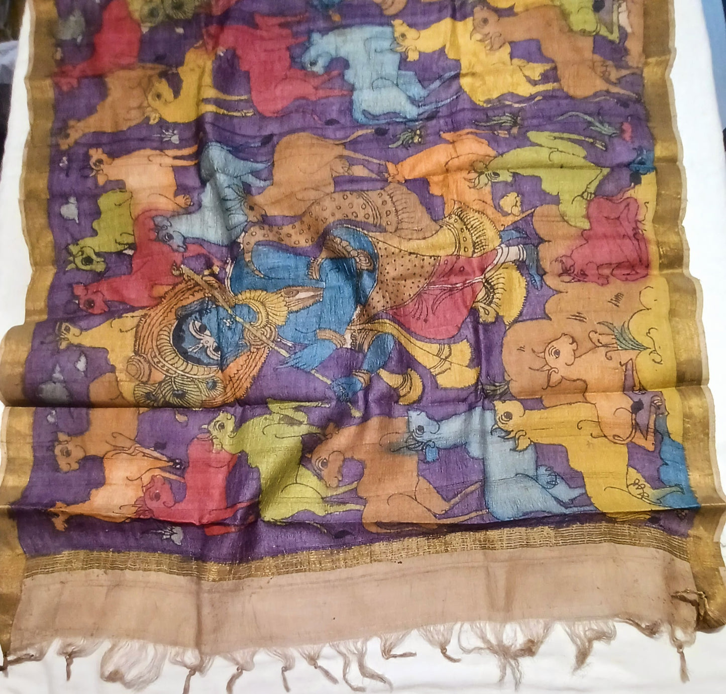 Purple Pen Kalamkari Handpainted Tussar Silk Dupatta
