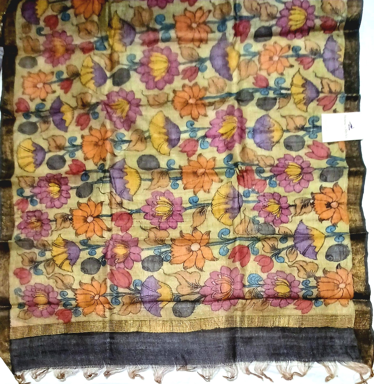 Olive Green Pen Kalamkari Handpainted Tussar Silk Dupatta
