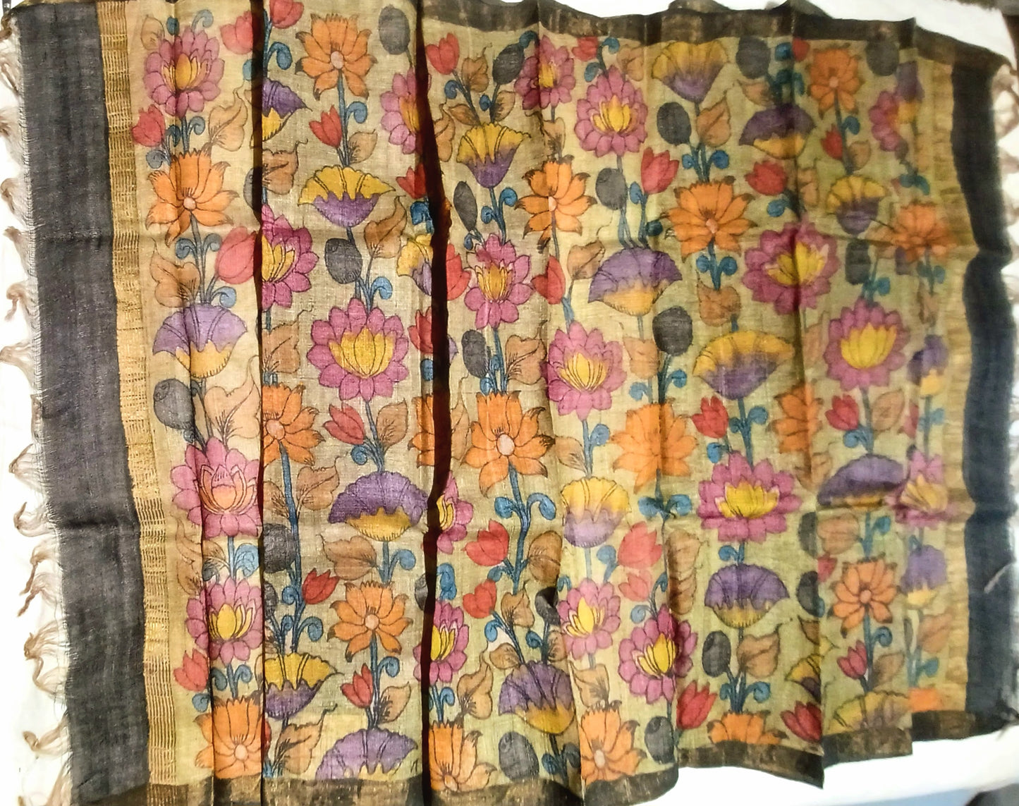 Olive Green Pen Kalamkari Handpainted Tussar Silk Dupatta