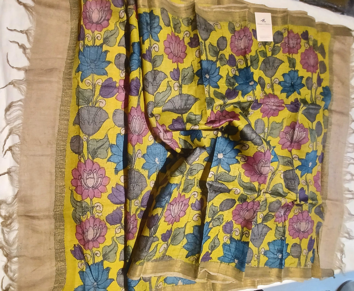 Yellow Pen Kalamkari Handpainted Tussar Silk Dupatta