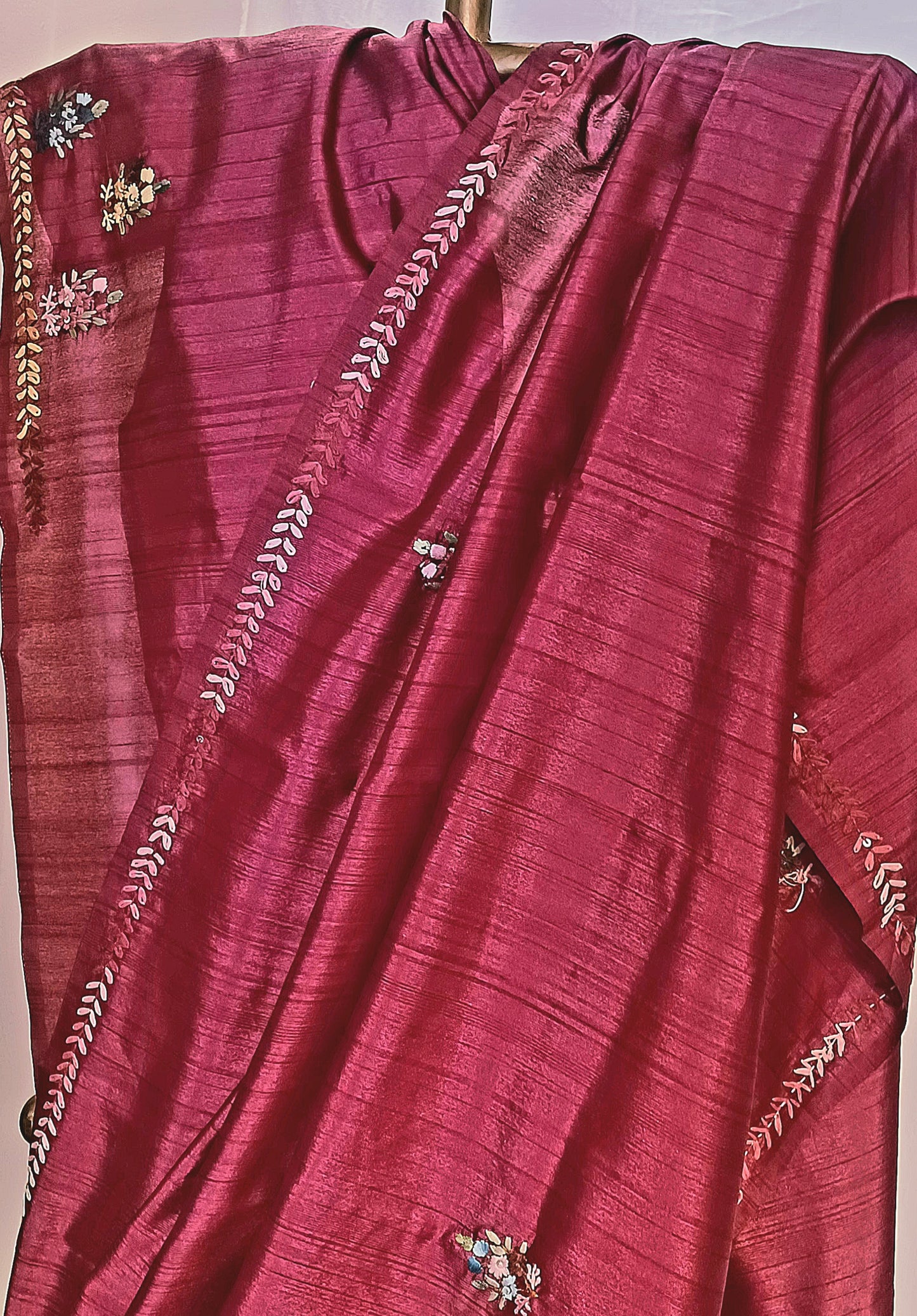 Wine Red semi Tussar silk saree with hand embroidery
