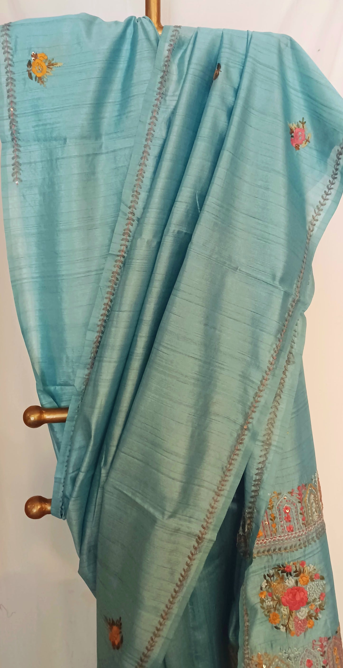 Pastel blue semi Tussar silk saree with hand embroidery