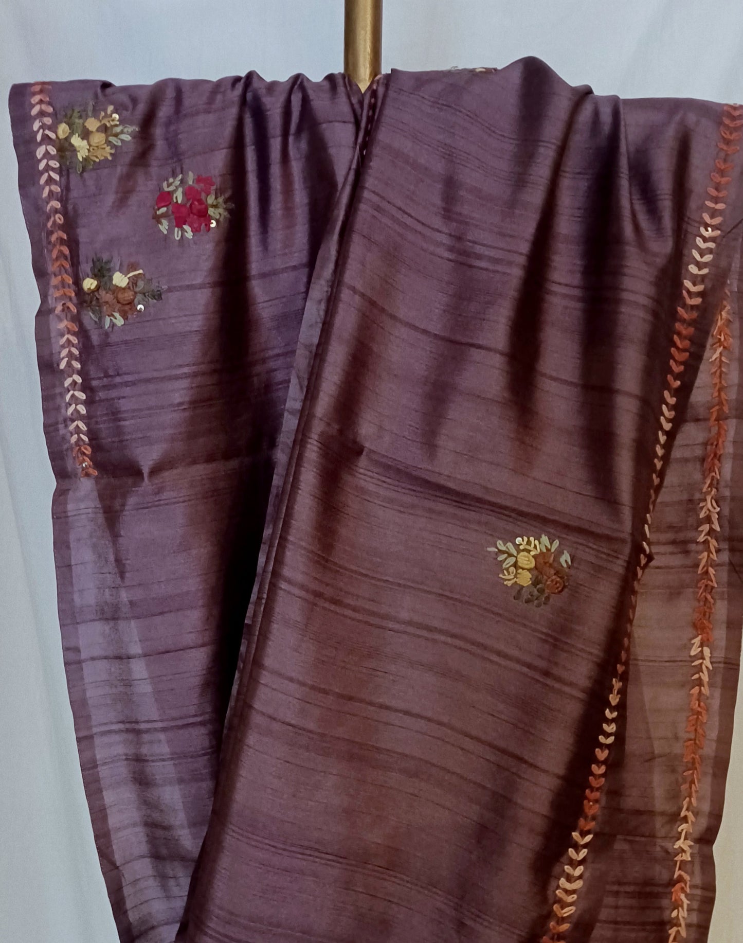 Purple mauve semi Tussar silk saree with hand embroidery