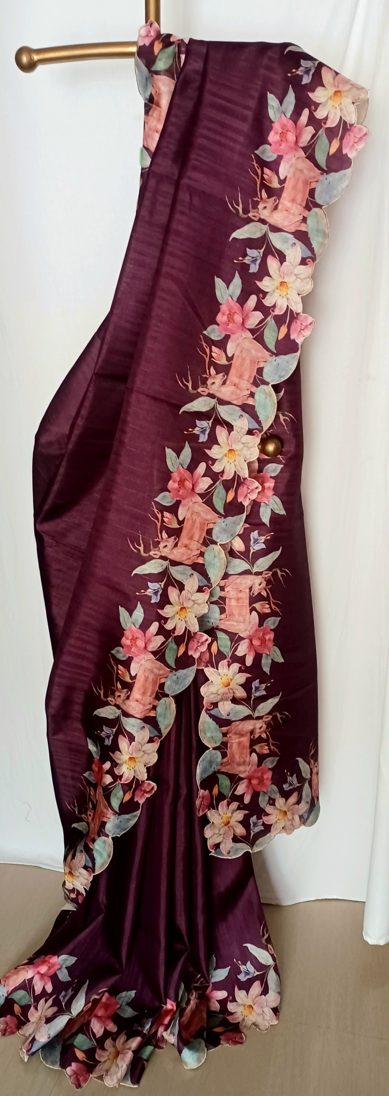 Wine Purple semi Tussar silk saree in digital prints and scallop border