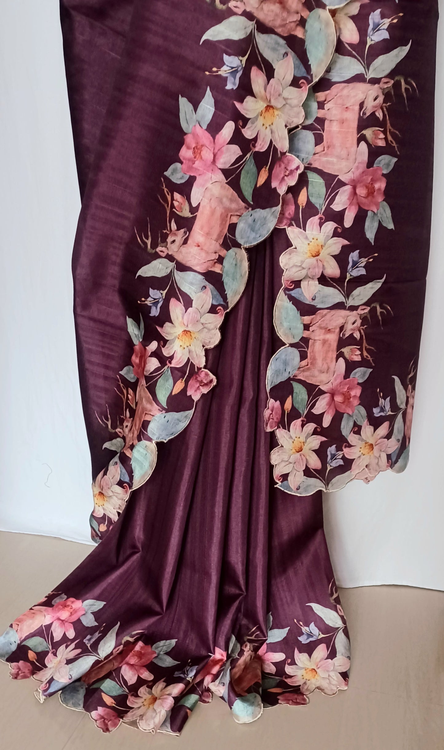 Wine Purple semi Tussar silk saree in digital prints and scallop border