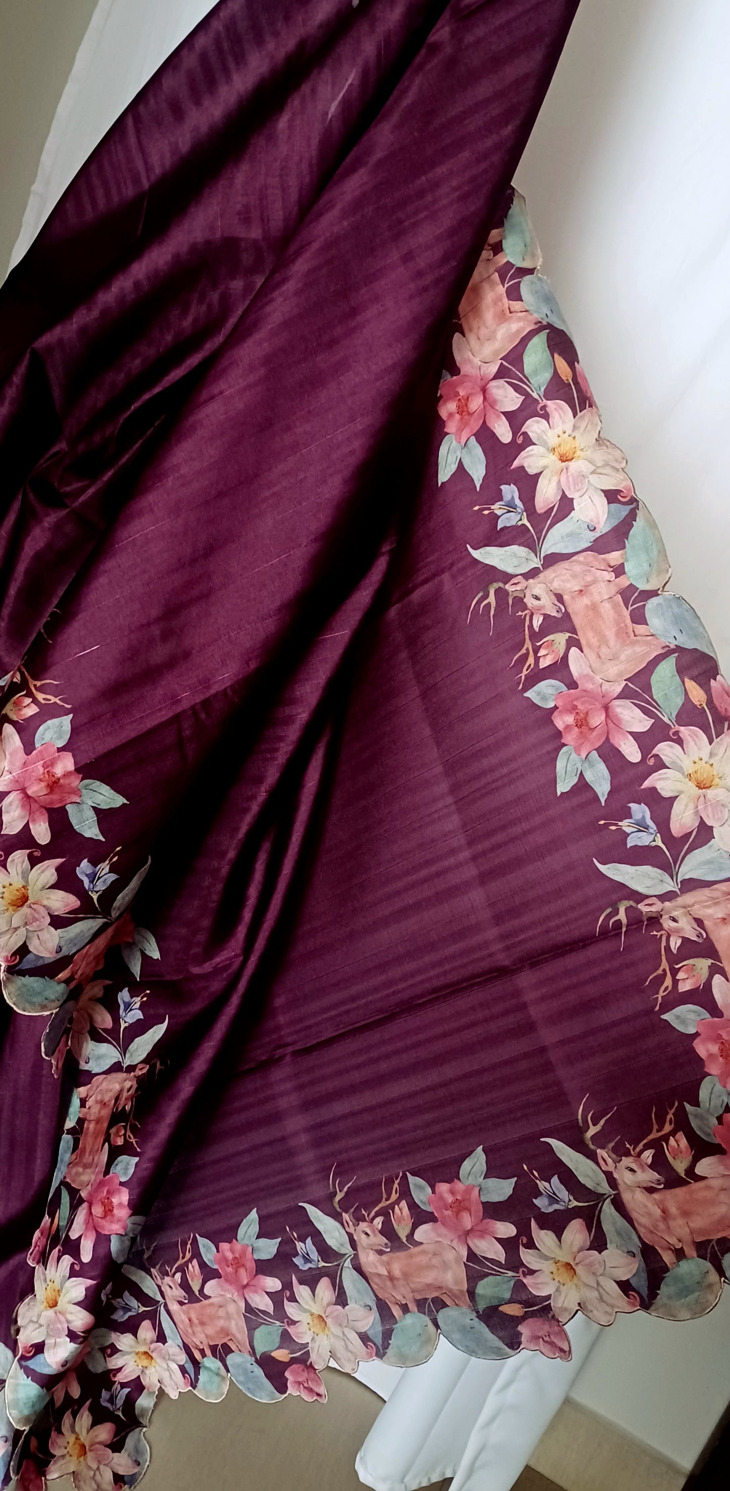 Wine Purple semi Tussar silk saree in digital prints and scallop border