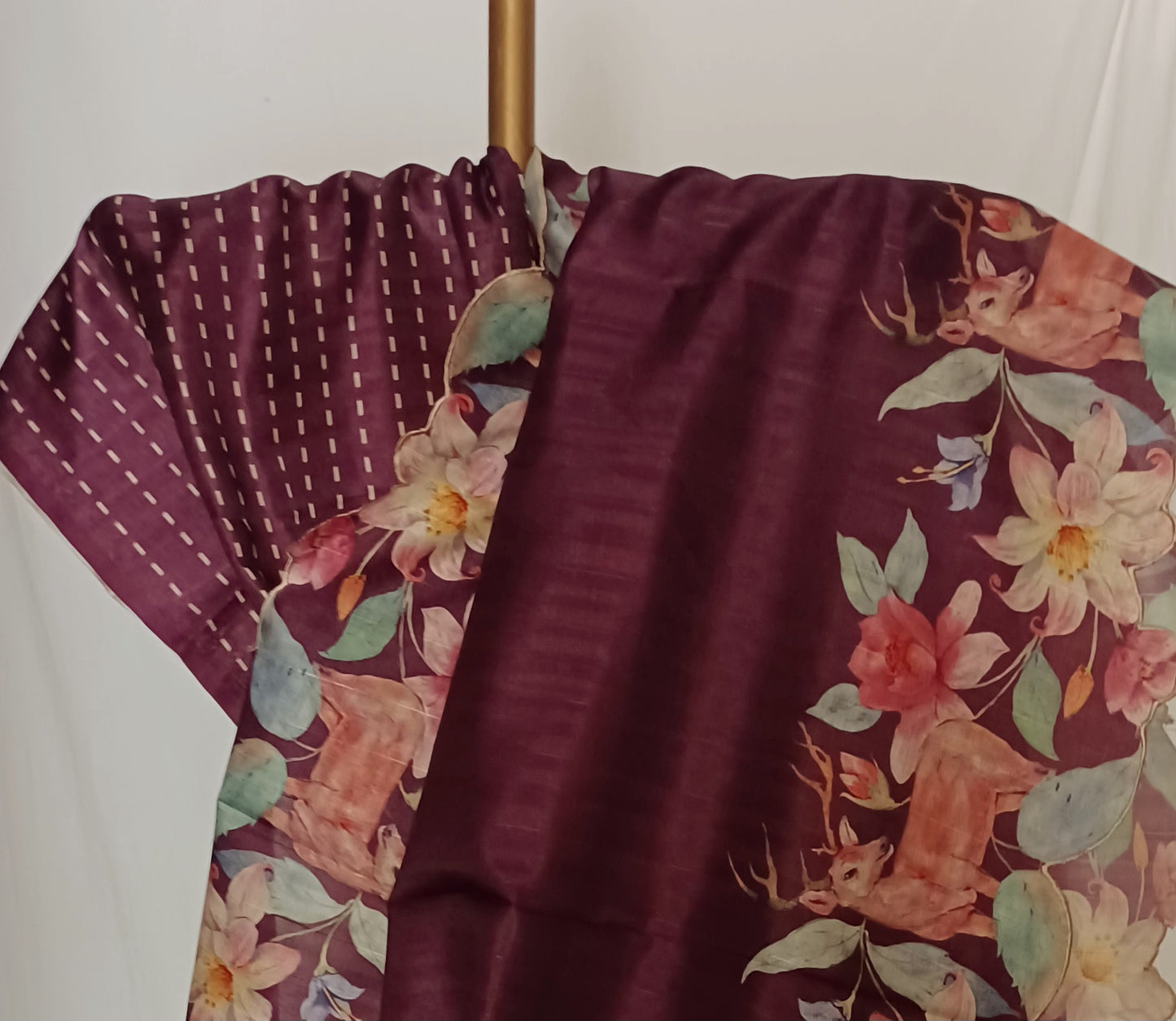 Wine Purple semi Tussar silk saree in digital prints and scallop border