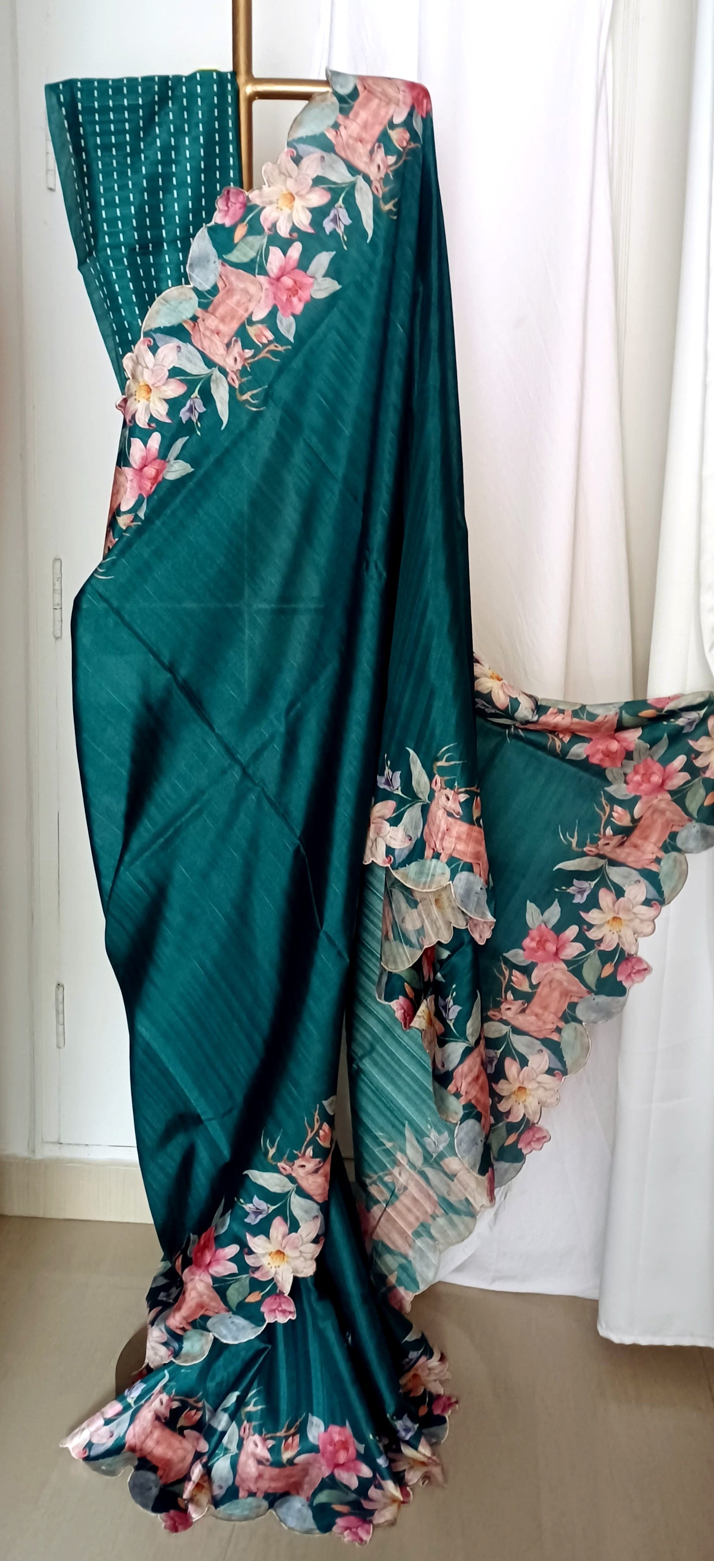 Dark Green semi Tussar silk saree in digital prints and scallop border