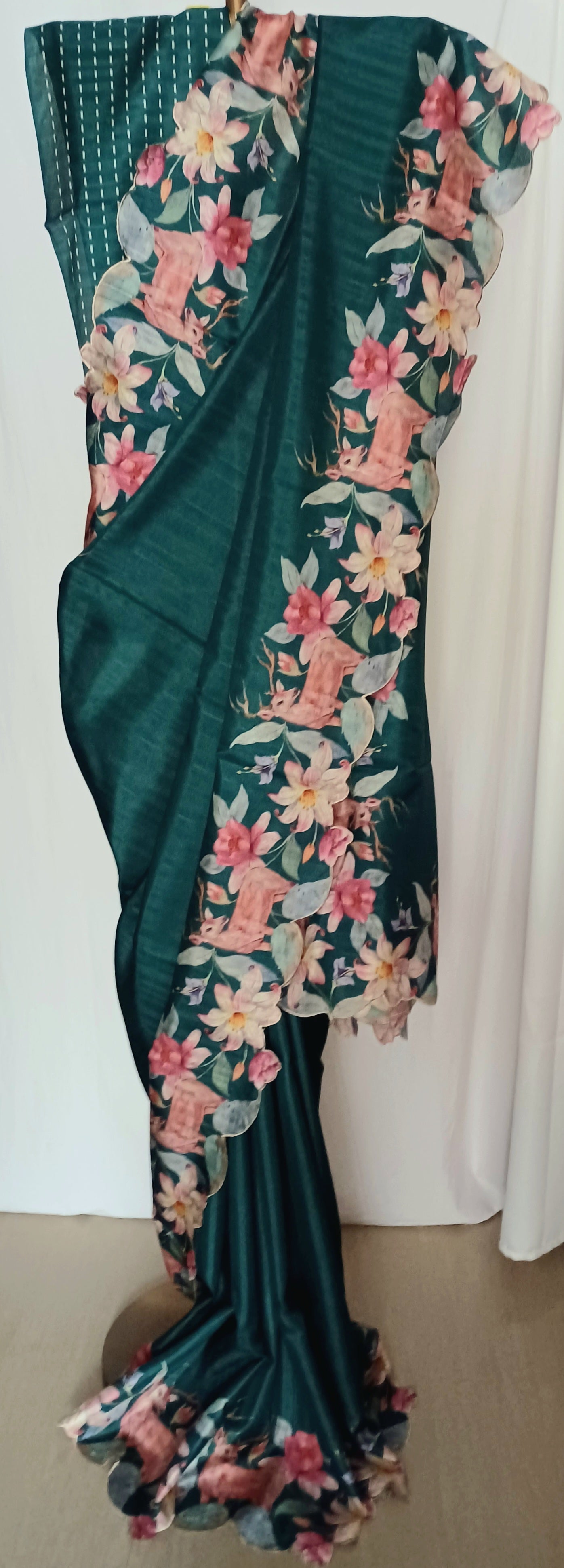 Dark Green semi Tussar silk saree in digital prints and scallop border