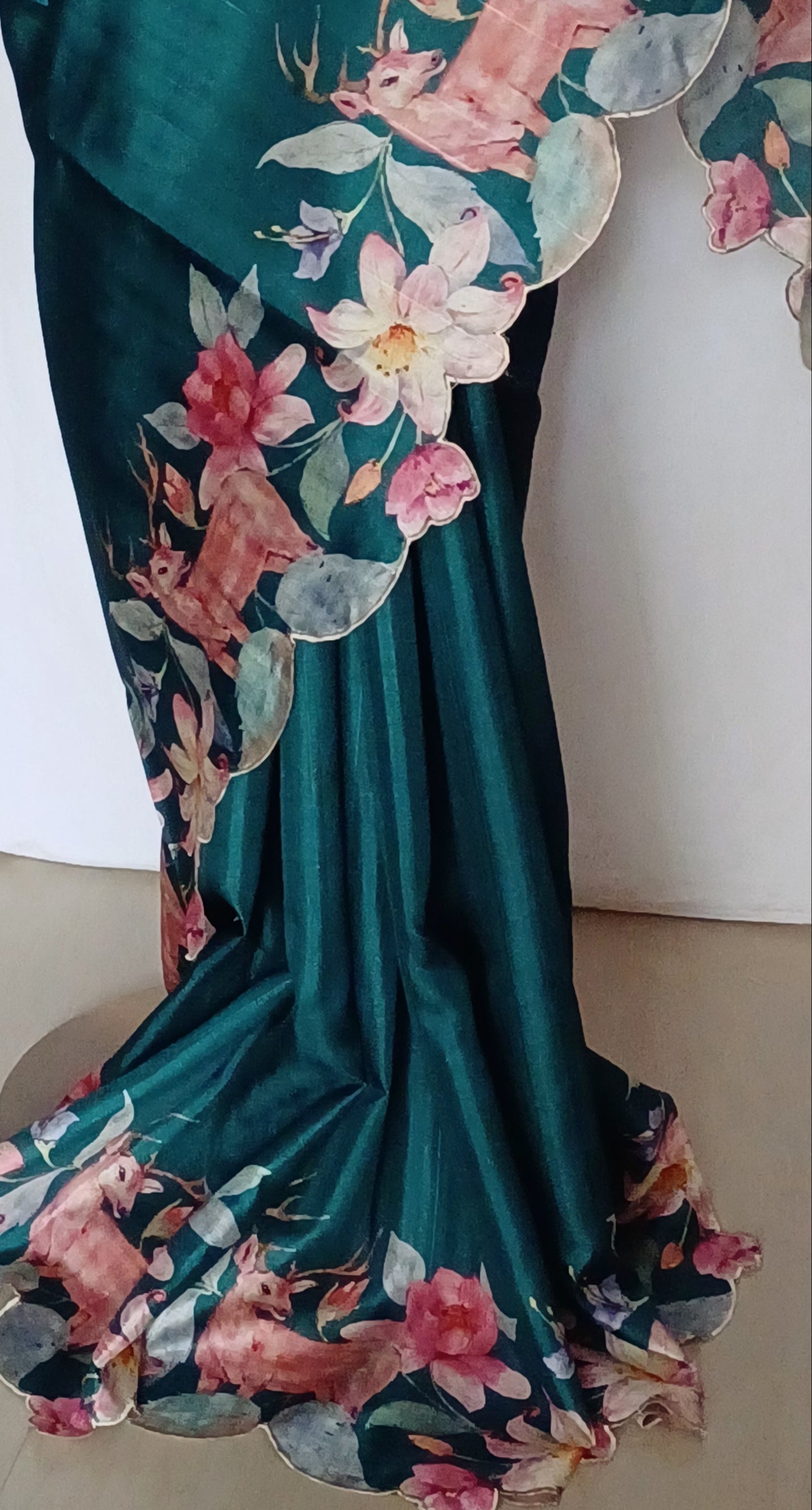 Dark Green semi Tussar silk saree in digital prints and scallop border