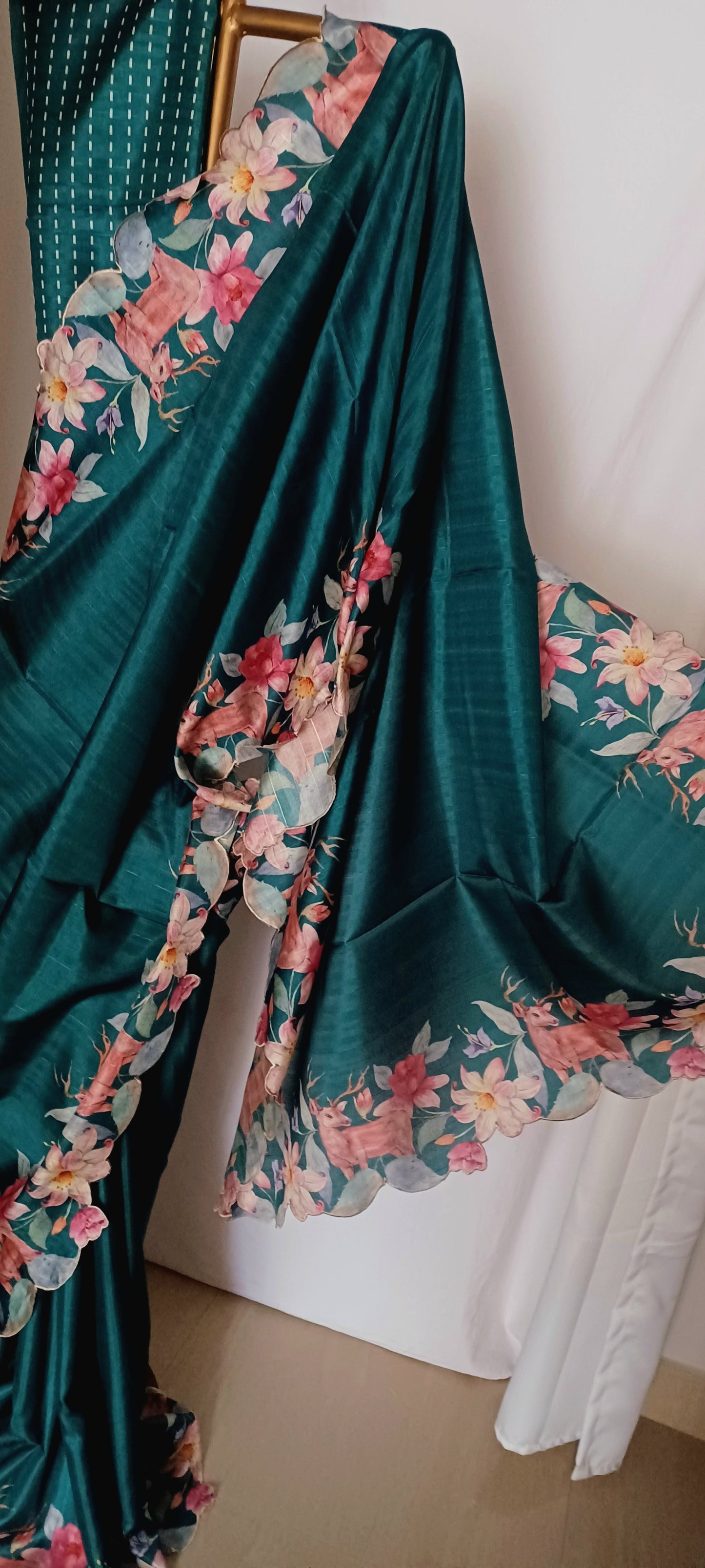 Dark Green semi Tussar silk saree in digital prints and scallop border