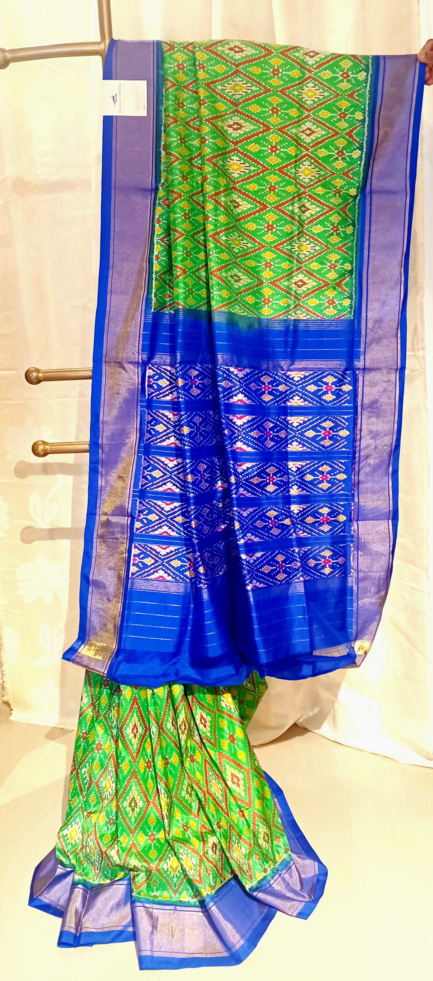 Parrot Green with Dark Blue border Pochampally Ikkat Tie and Dye Pure silk Saree
