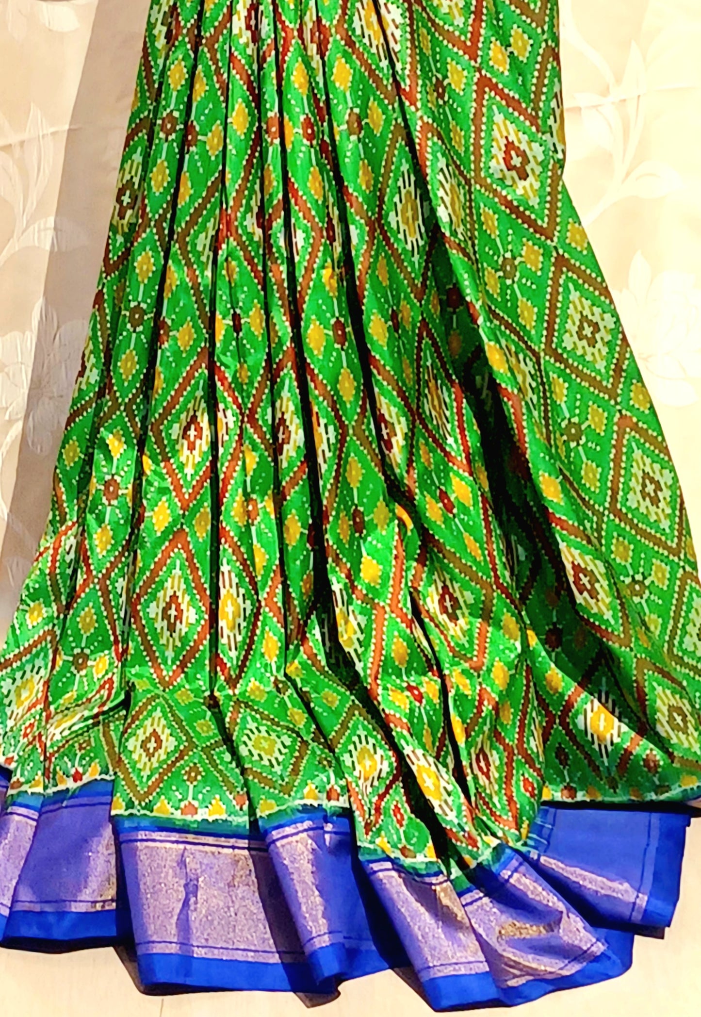Parrot Green with Dark Blue border Pochampally Ikkat Tie and Dye Pure silk Saree