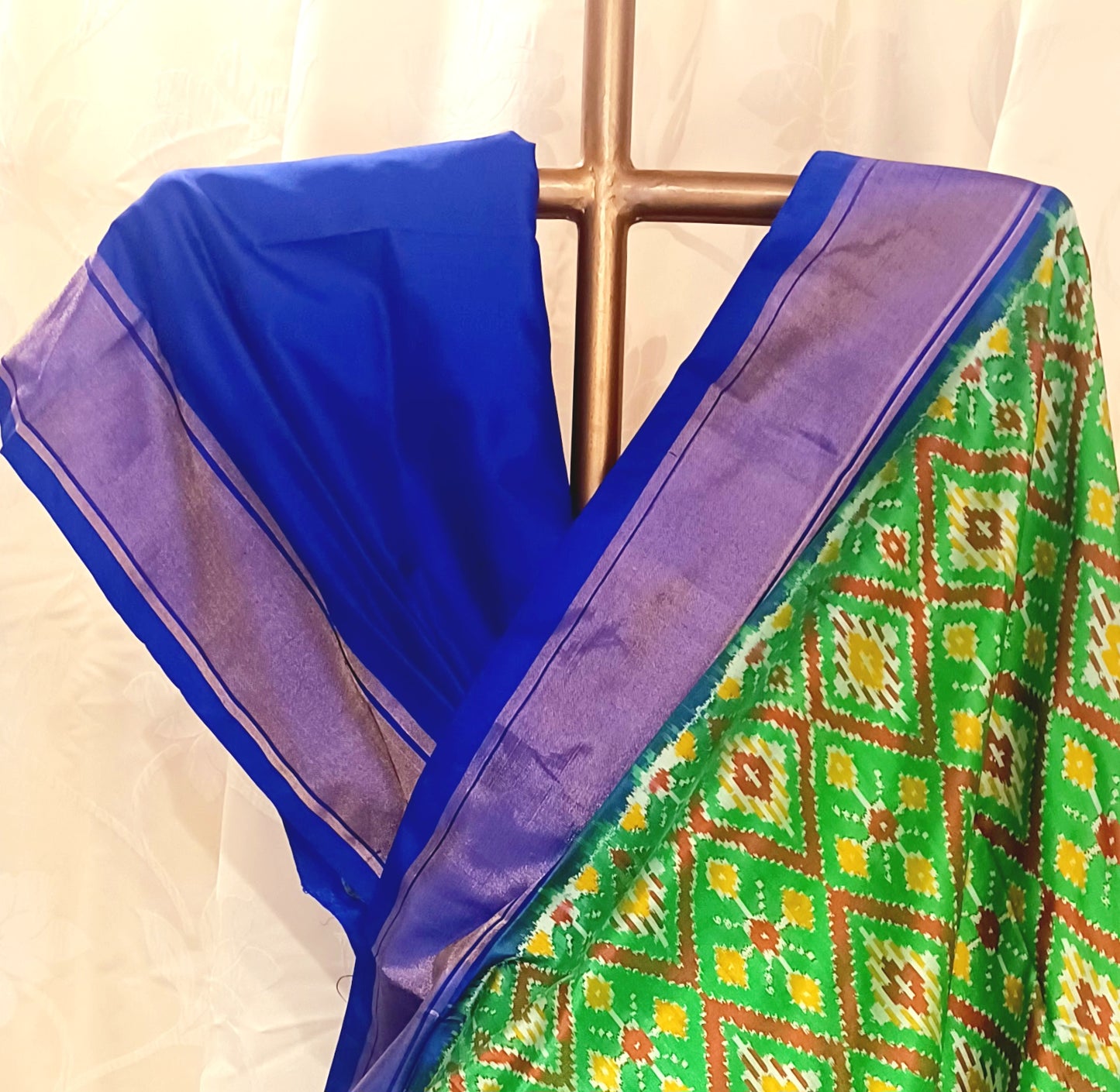 Parrot Green with Dark Blue border Pochampally Ikkat Tie and Dye Pure silk Saree
