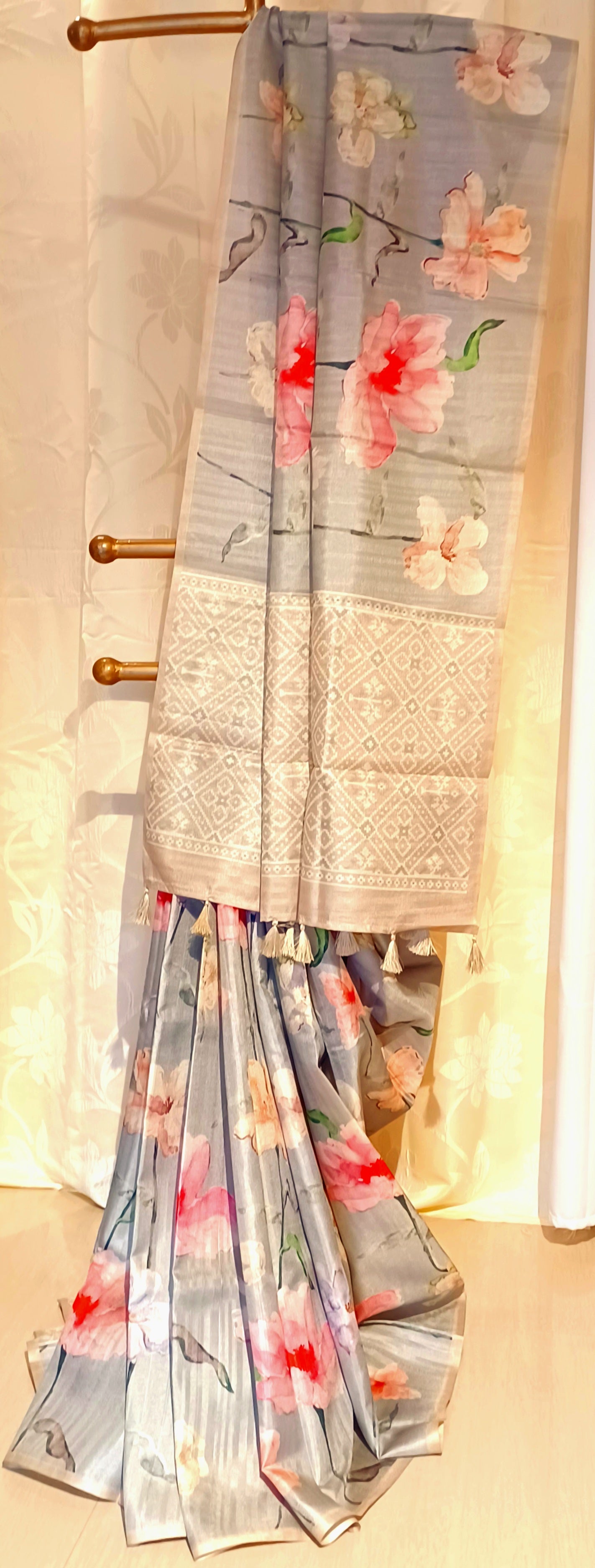 Grey semi Tussar silk saree in digital print