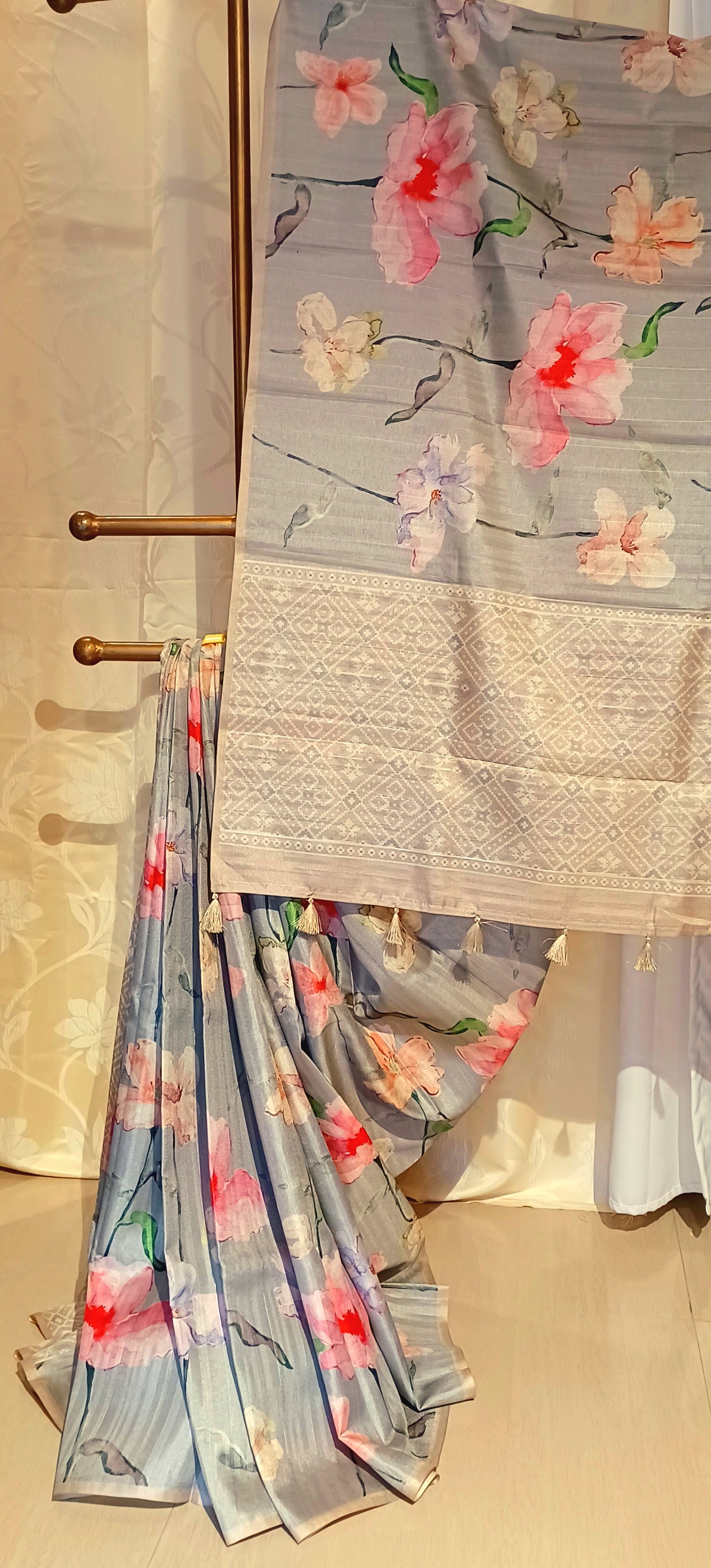 Grey semi Tussar silk saree in digital print