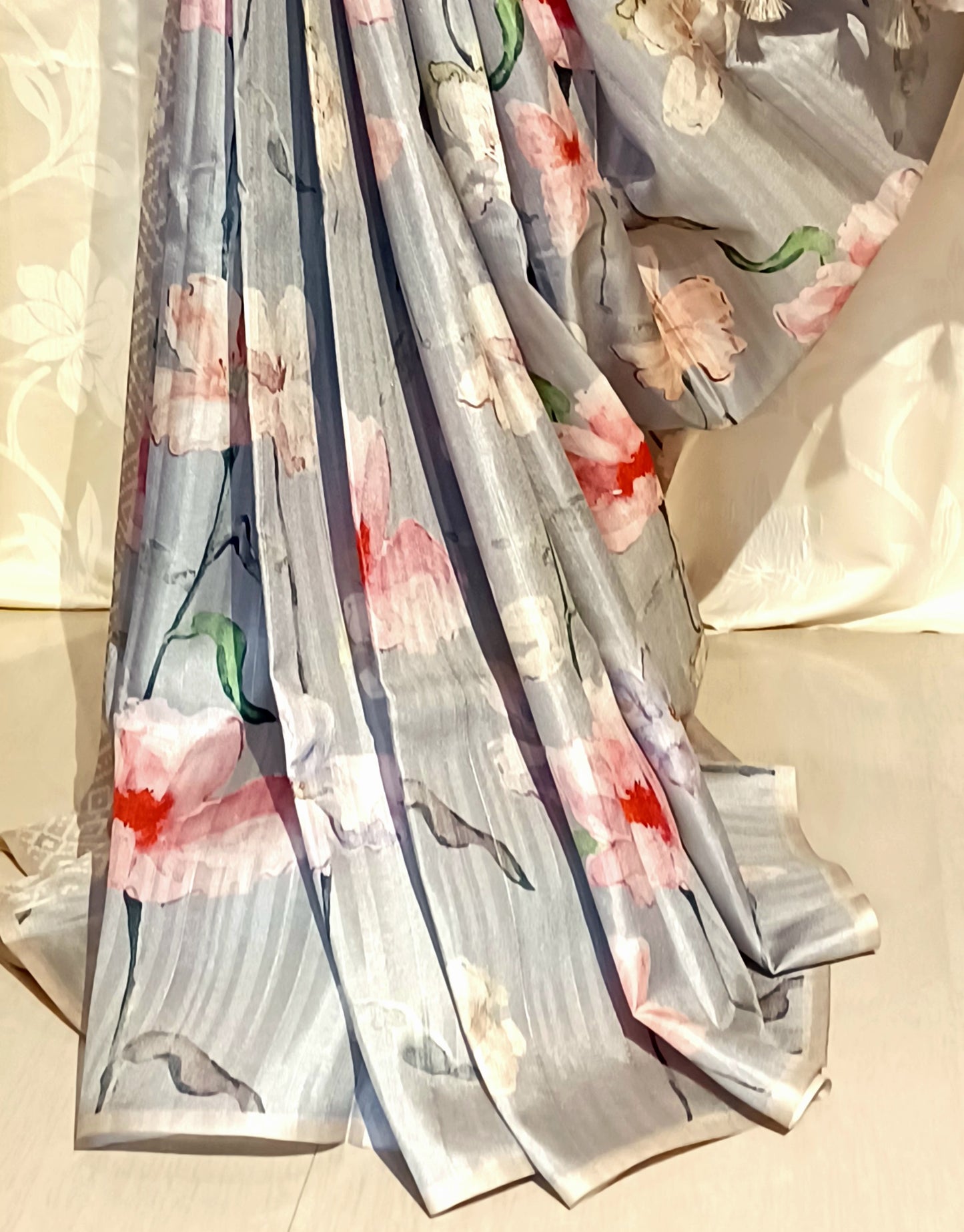 Grey semi Tussar silk saree in digital print