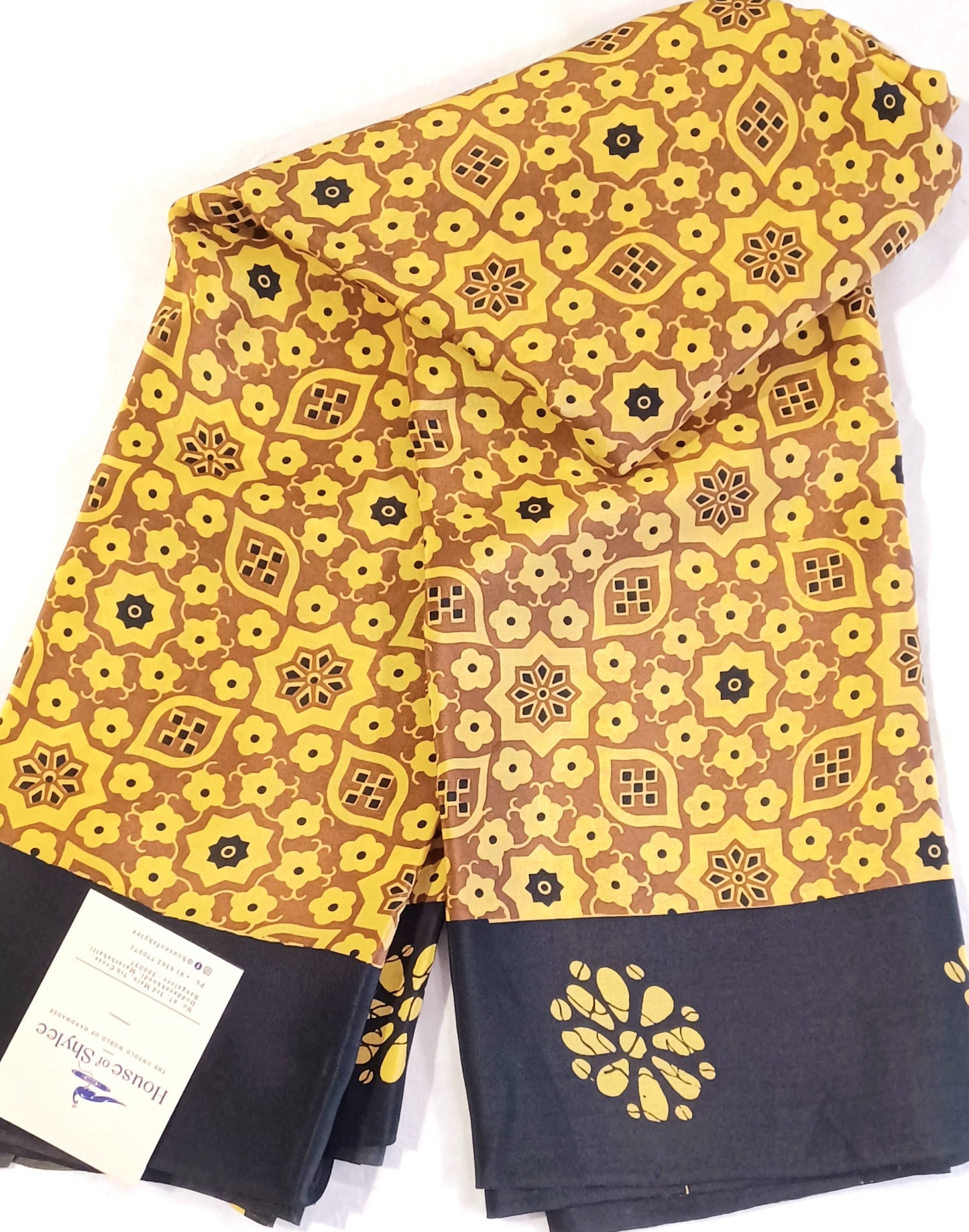 Mustard Yellow and black printed Pure Crepe Silk Saree