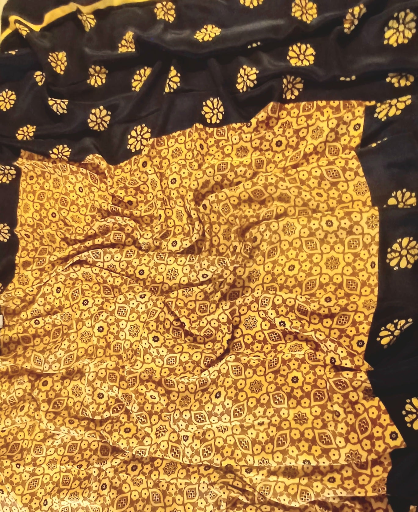 Mustard Yellow and black printed Pure Crepe Silk Saree