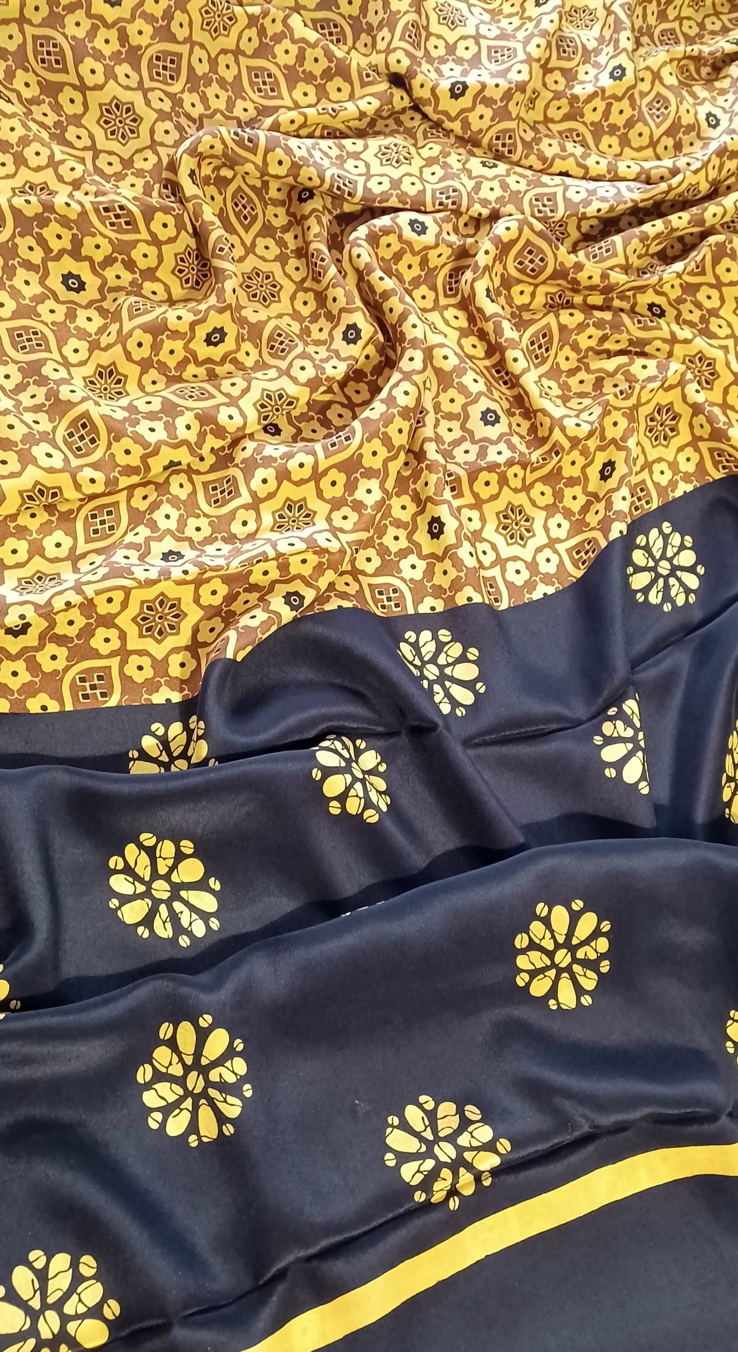Mustard Yellow and black printed Pure Crepe Silk Saree