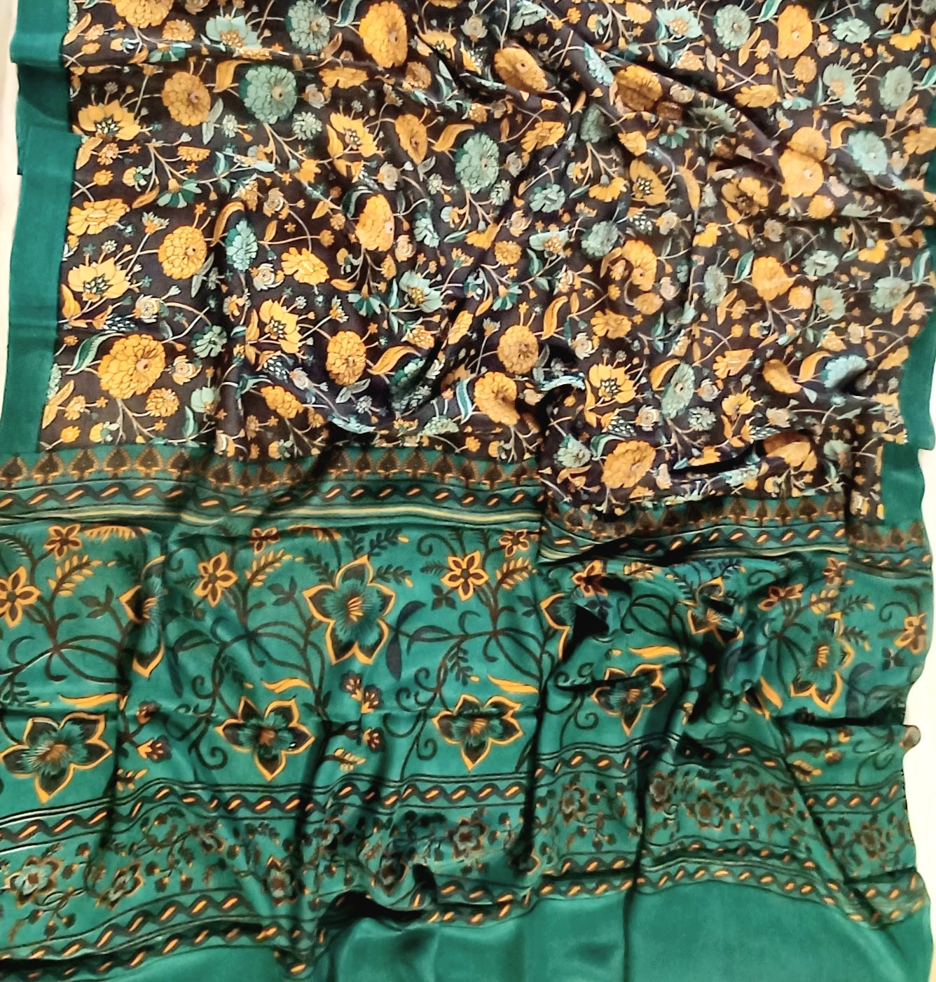 Navy Blue and multi-colour printed Pure Crepe Silk Saree