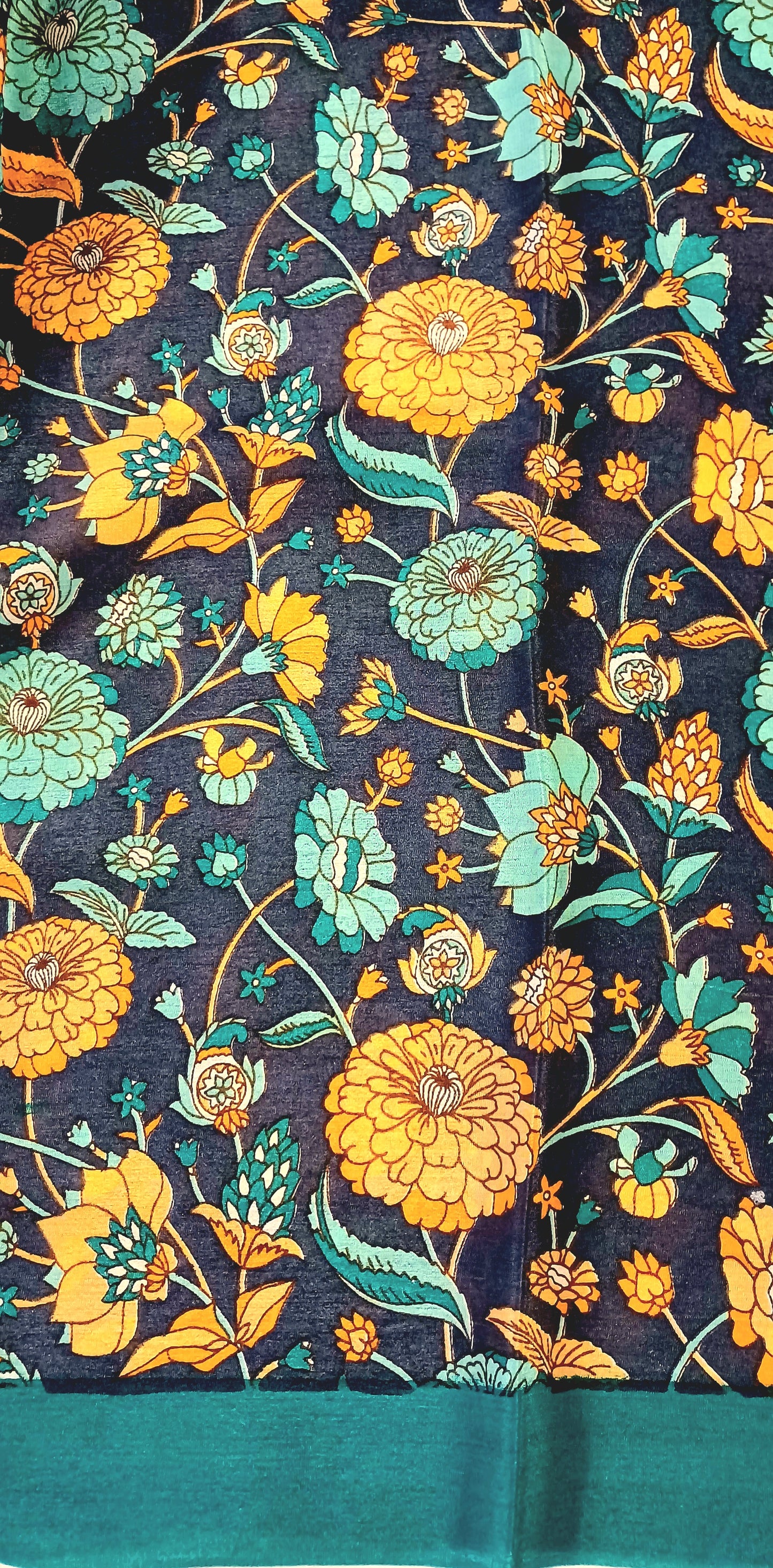 Navy Blue and multi-colour printed Pure Crepe Silk Saree