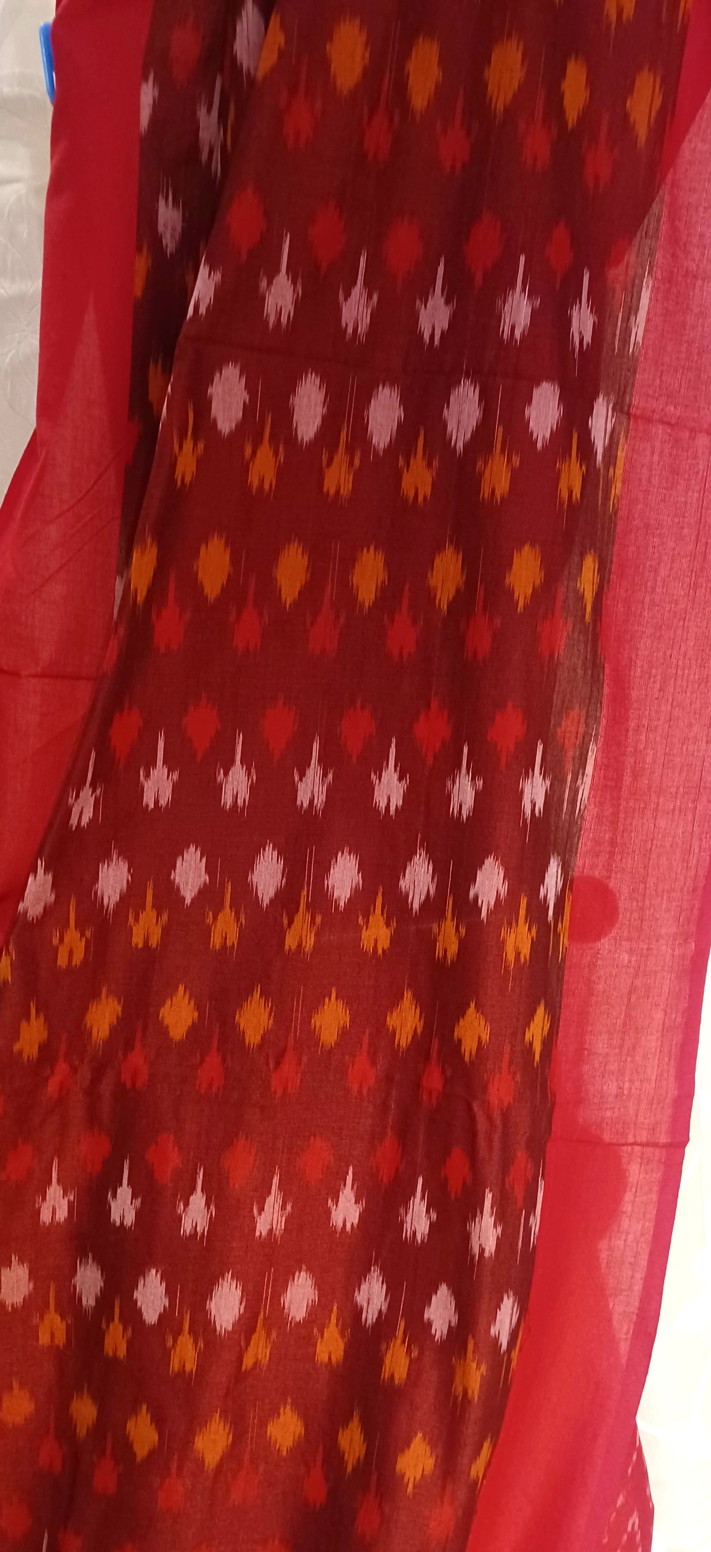 Dark Maroon with red Pochampally Ikkat Tie and Dye Cotton Saree