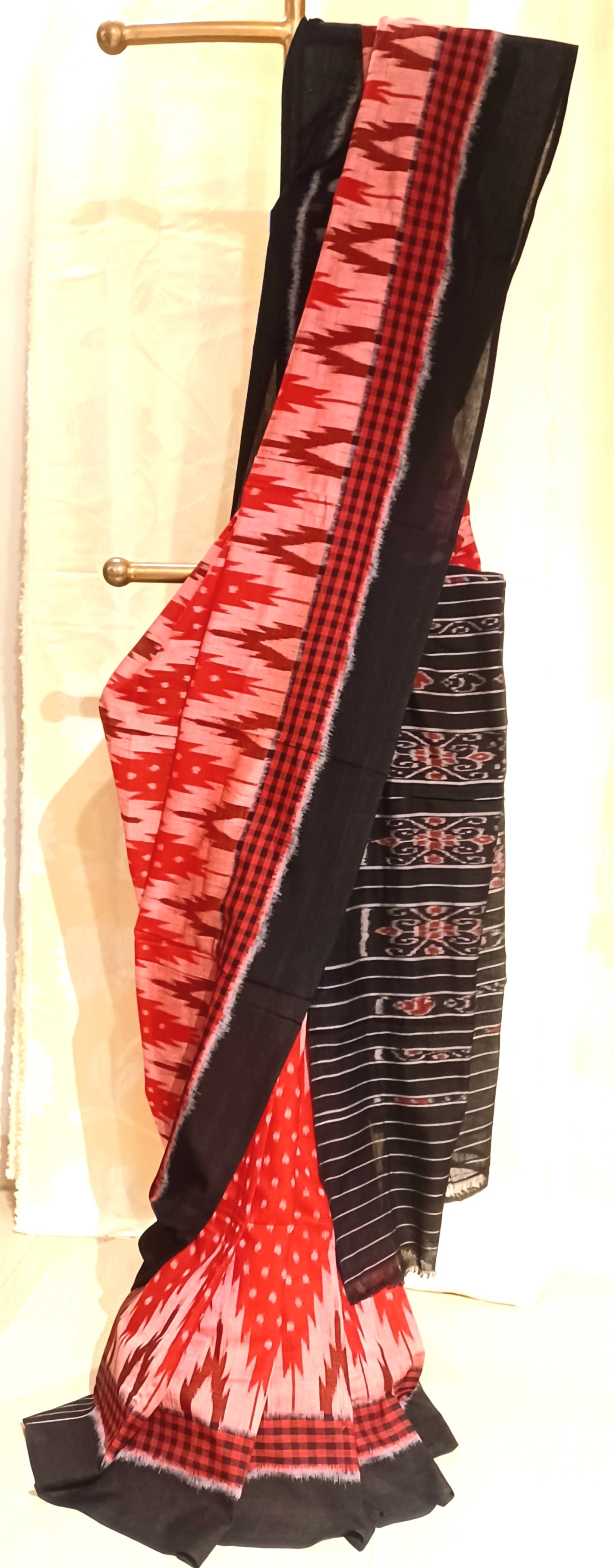 Red with Black Orissa Ikkat Tie and Dye Cotton Saree