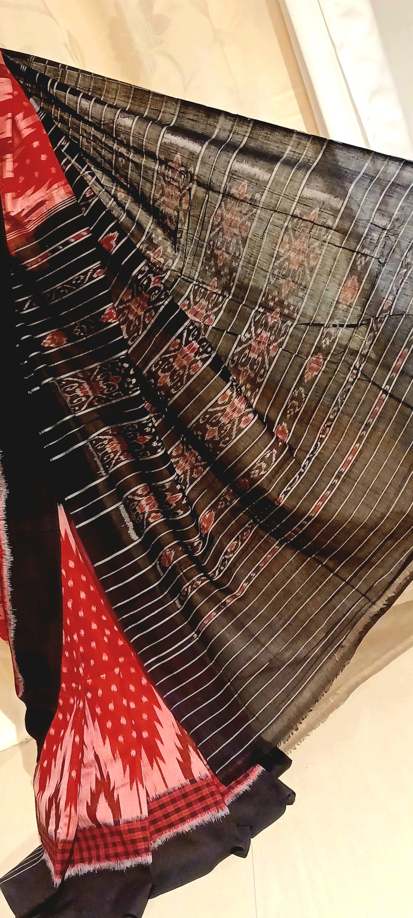 Red with Black Orissa Ikkat Tie and Dye Cotton Saree