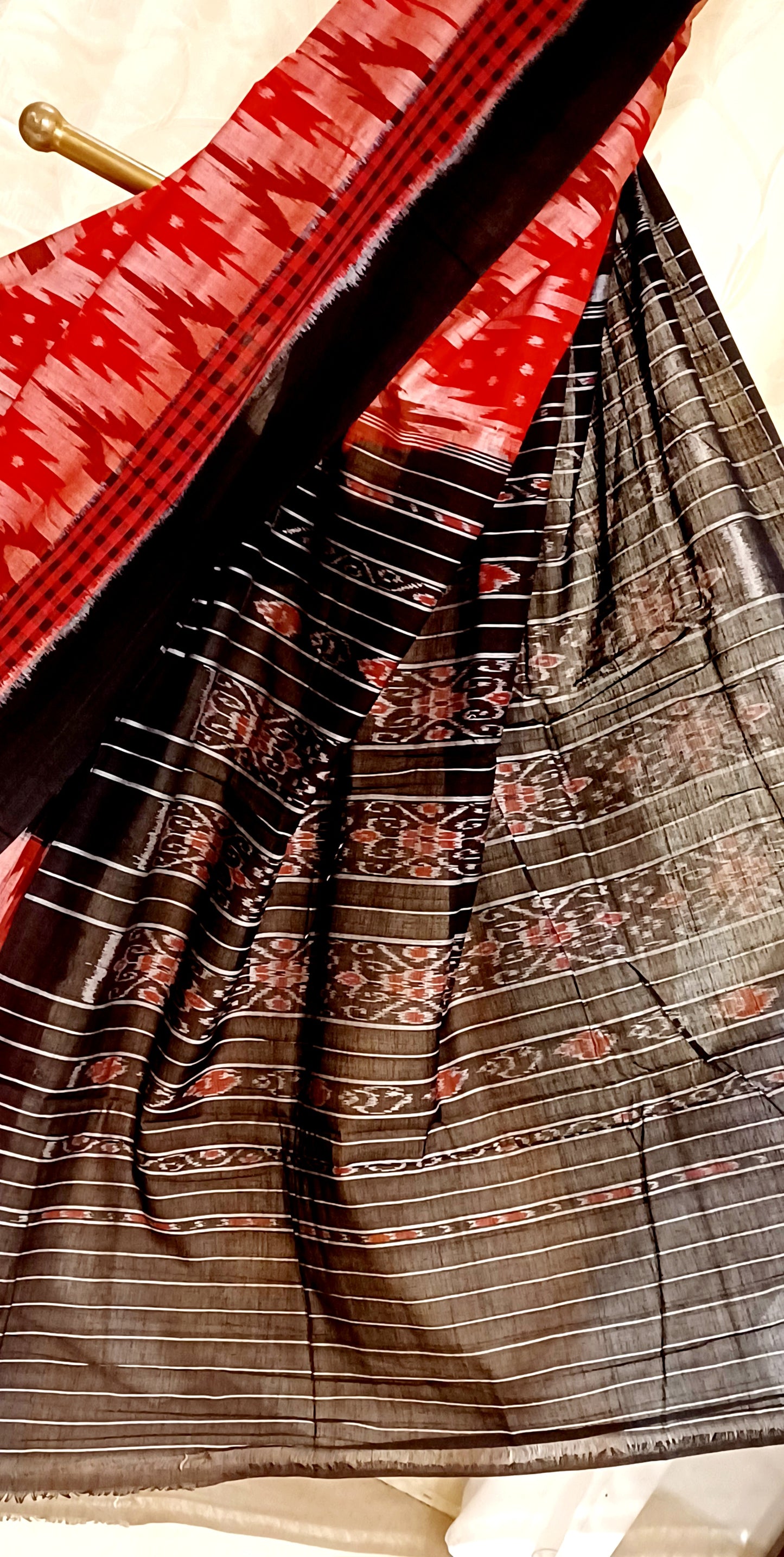Red with Black Orissa Ikkat Tie and Dye Cotton Saree