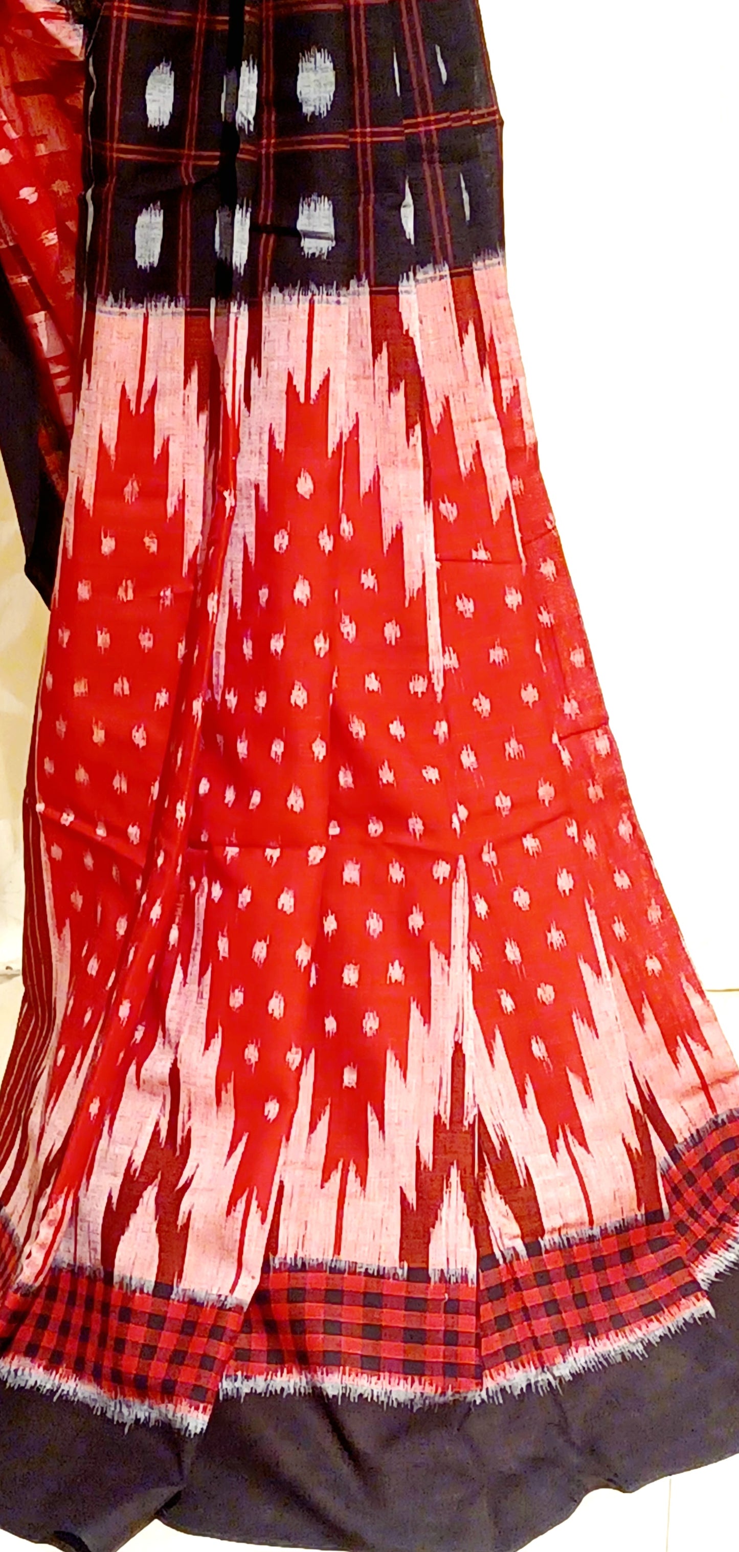Red with Black Orissa Ikkat Tie and Dye Cotton Saree