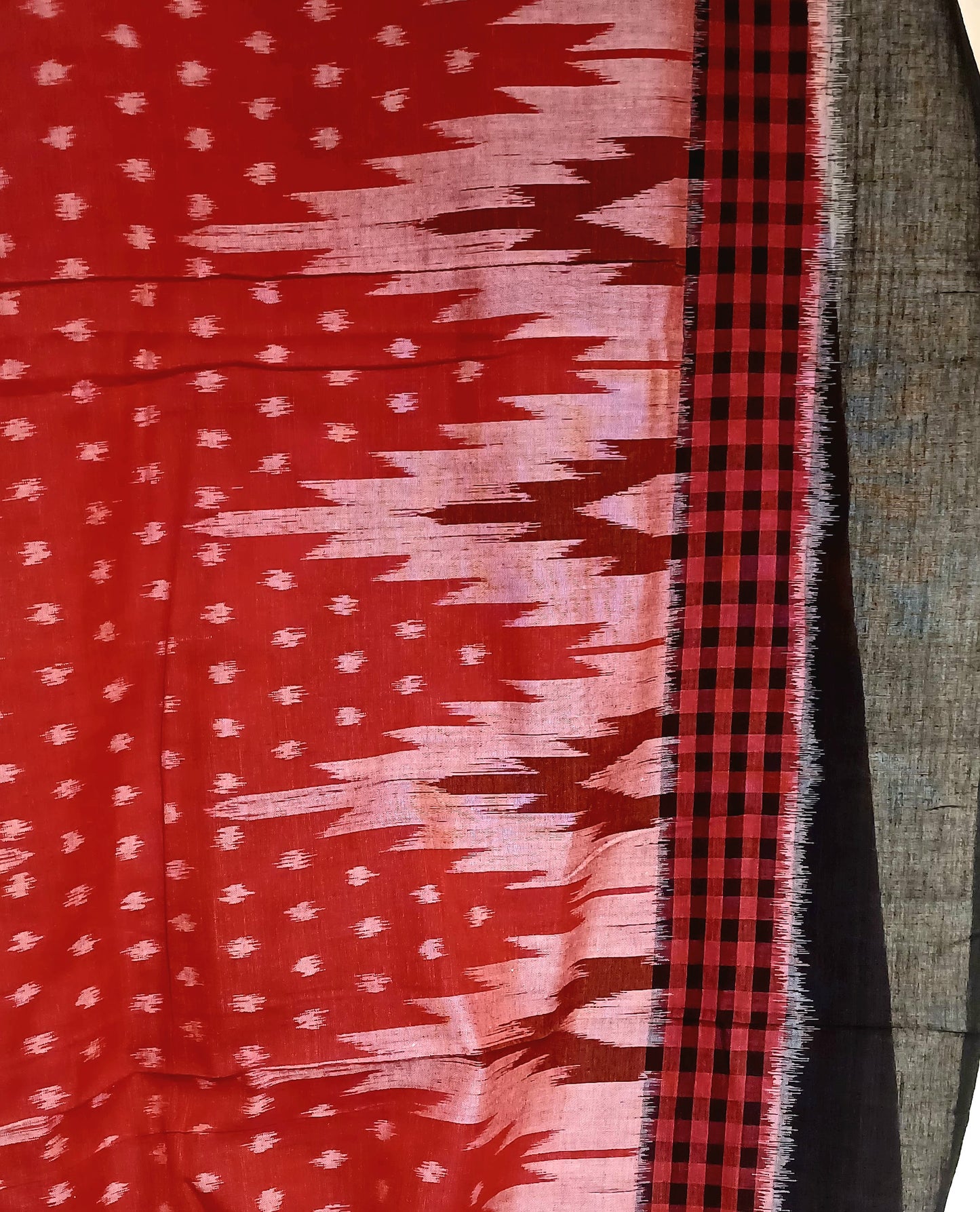 Red with Black Orissa Ikkat Tie and Dye Cotton Saree