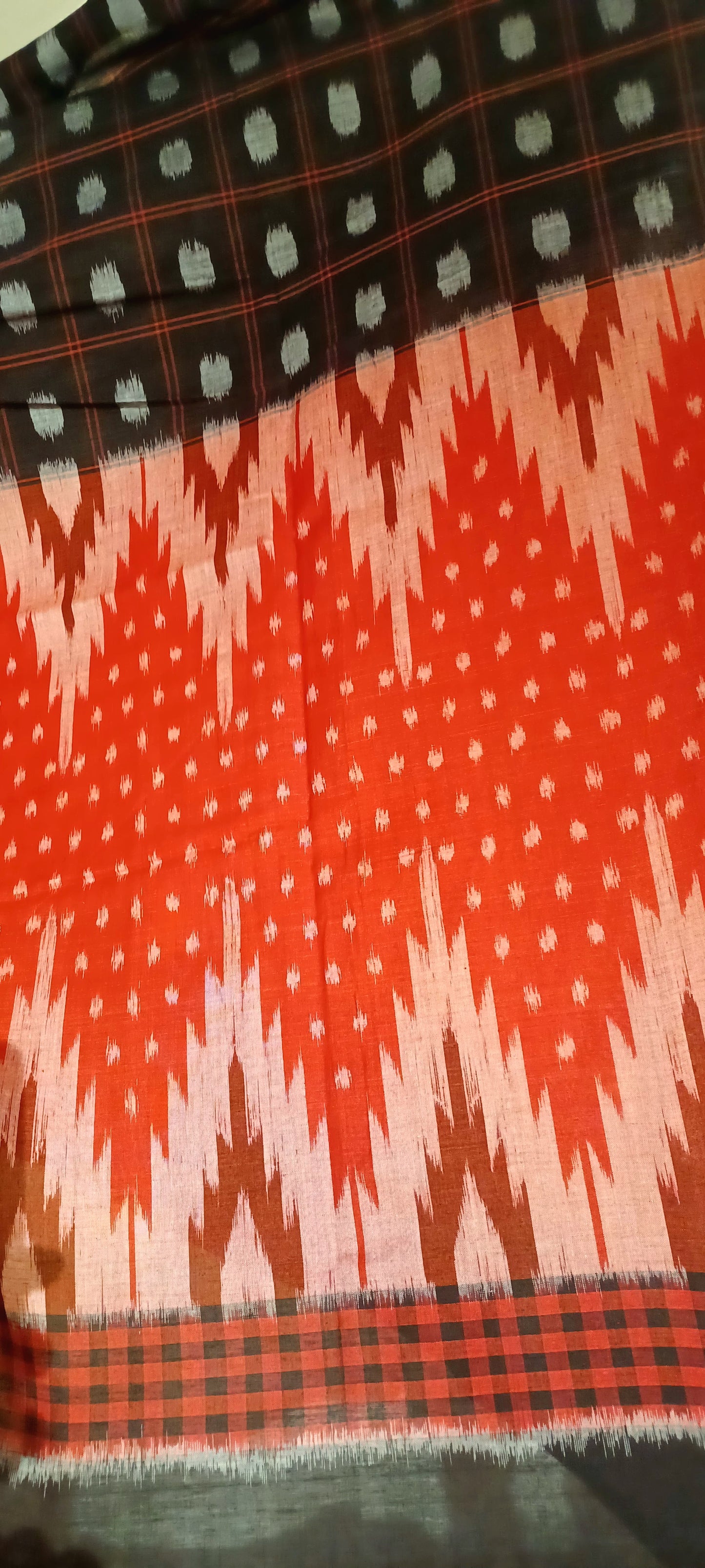 Red with Black Orissa Ikkat Tie and Dye Cotton Saree