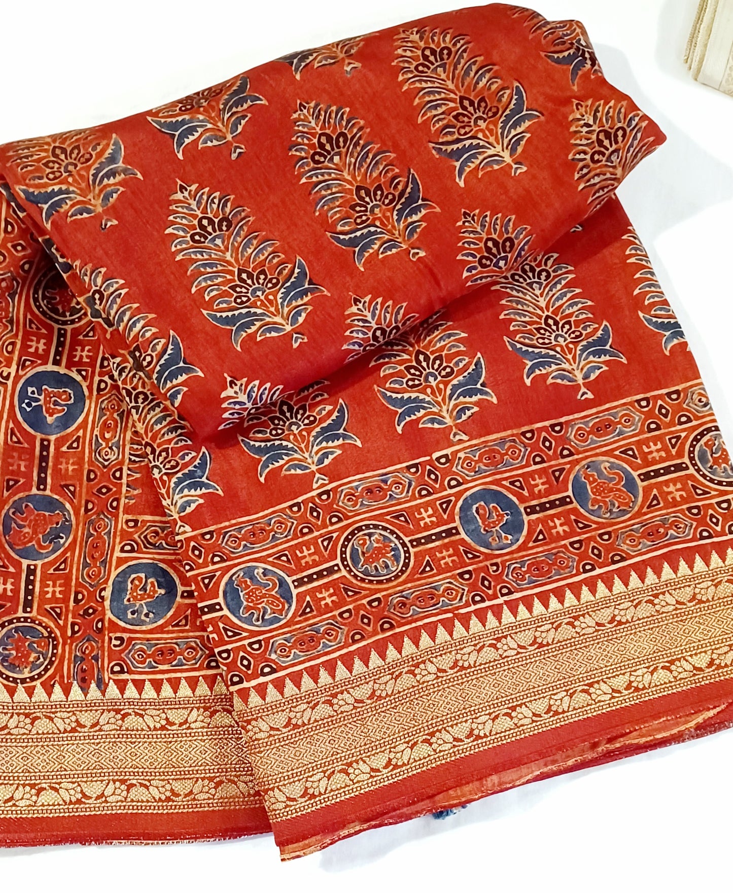 Red and Indigo Dola Silk Ajrakh print saree
