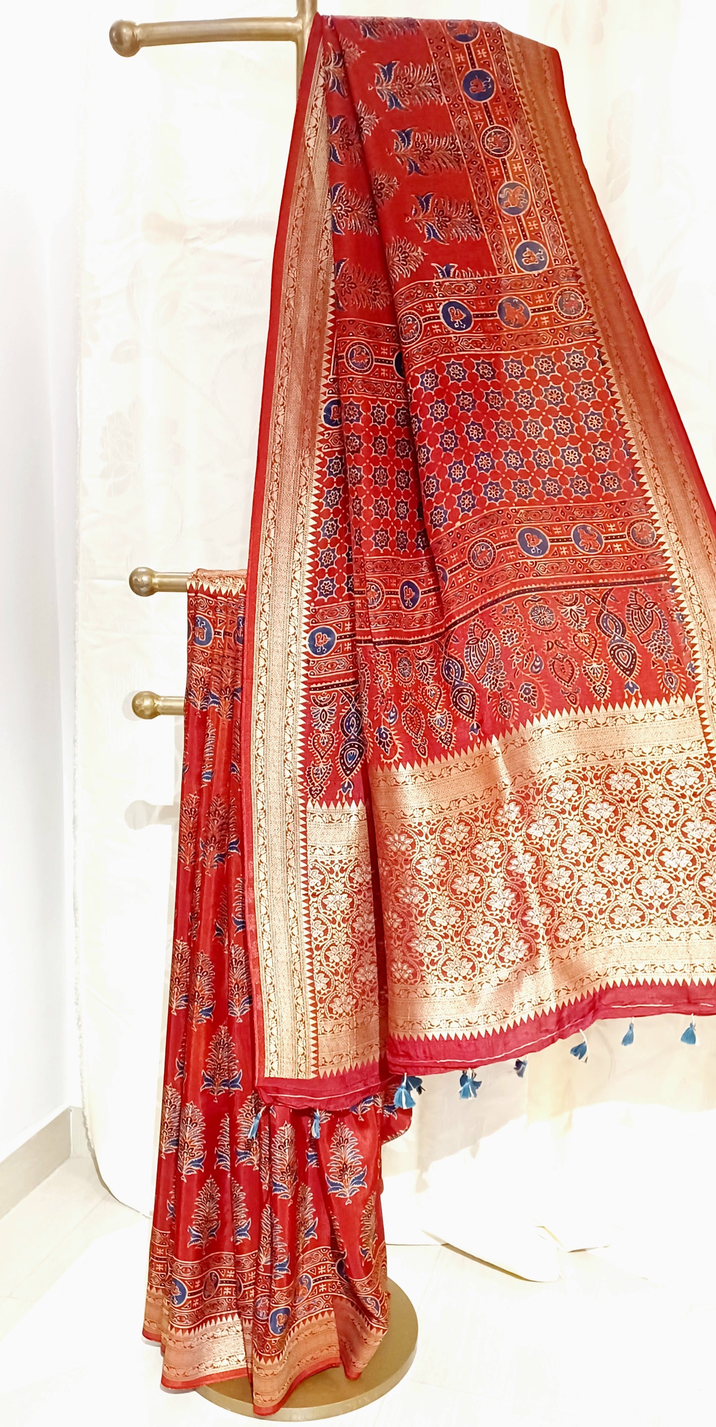 Red and Indigo Dola Silk Ajrakh print saree