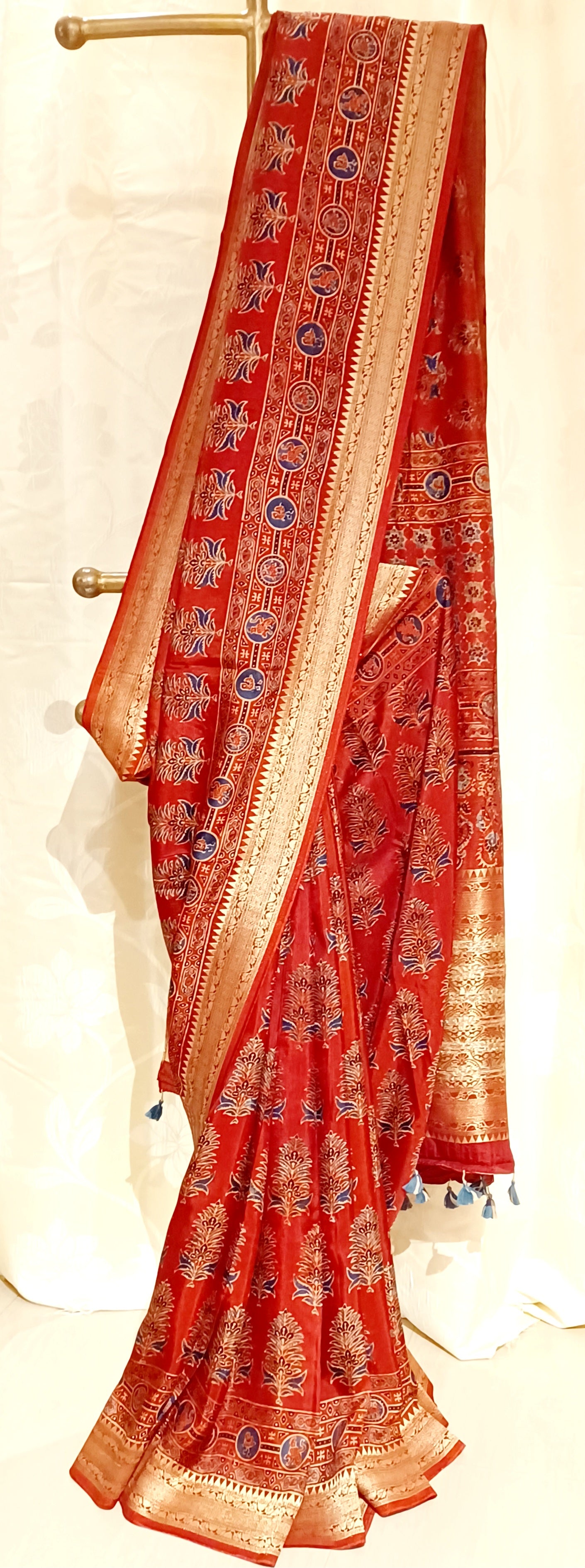 Red and Indigo Dola Silk Ajrakh print saree