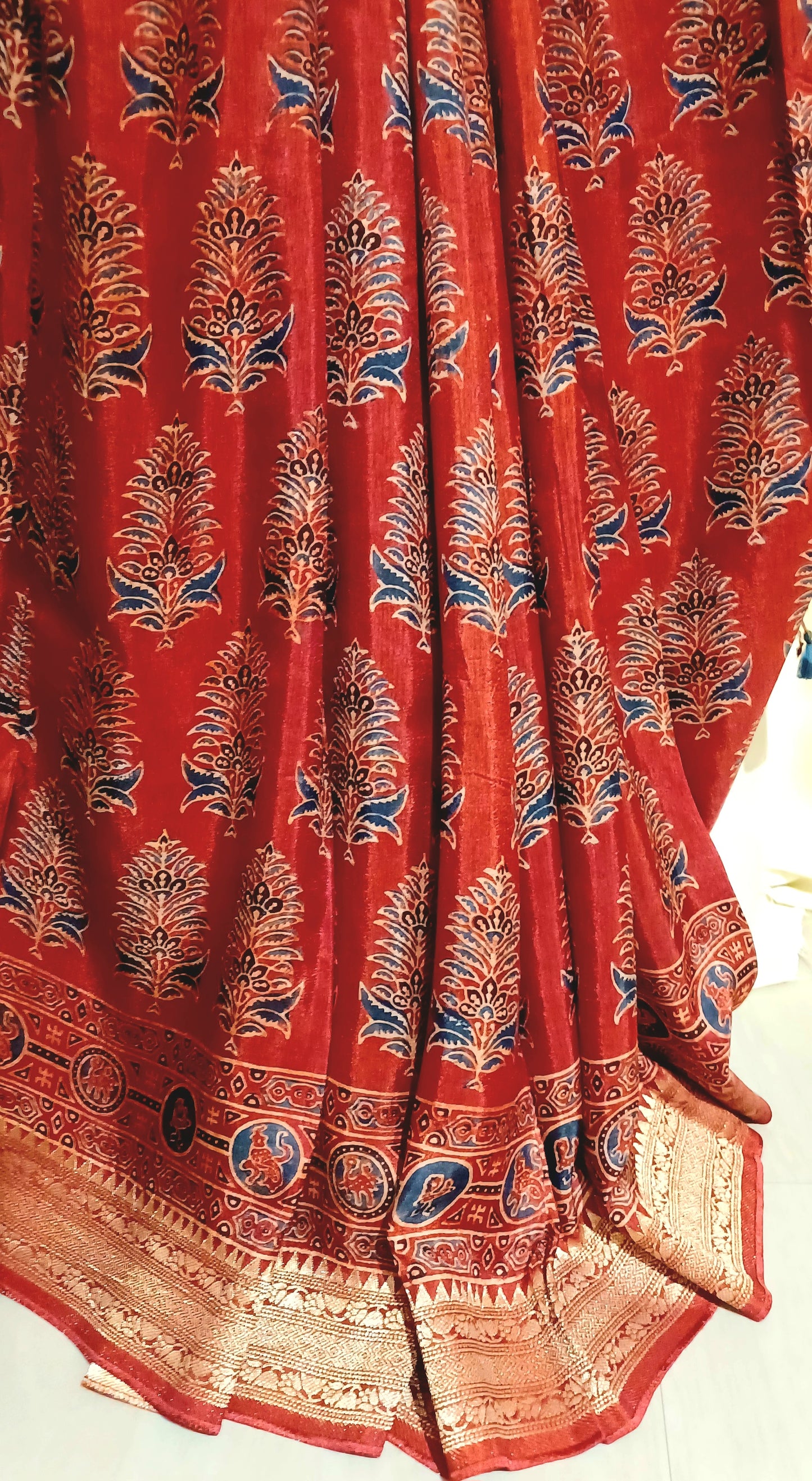 Red and Indigo Dola Silk Ajrakh print saree