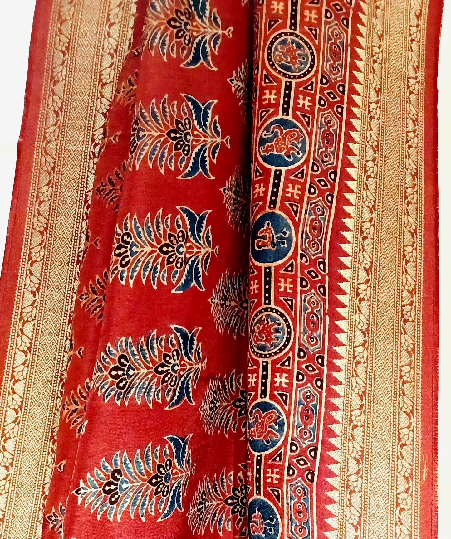 Red and Indigo Dola Silk Ajrakh print saree