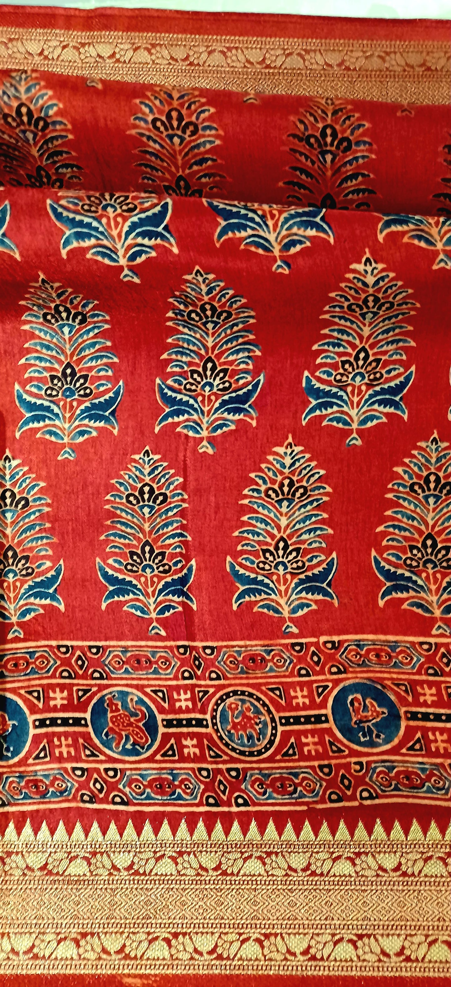 Red and Indigo Dola Silk Ajrakh print saree
