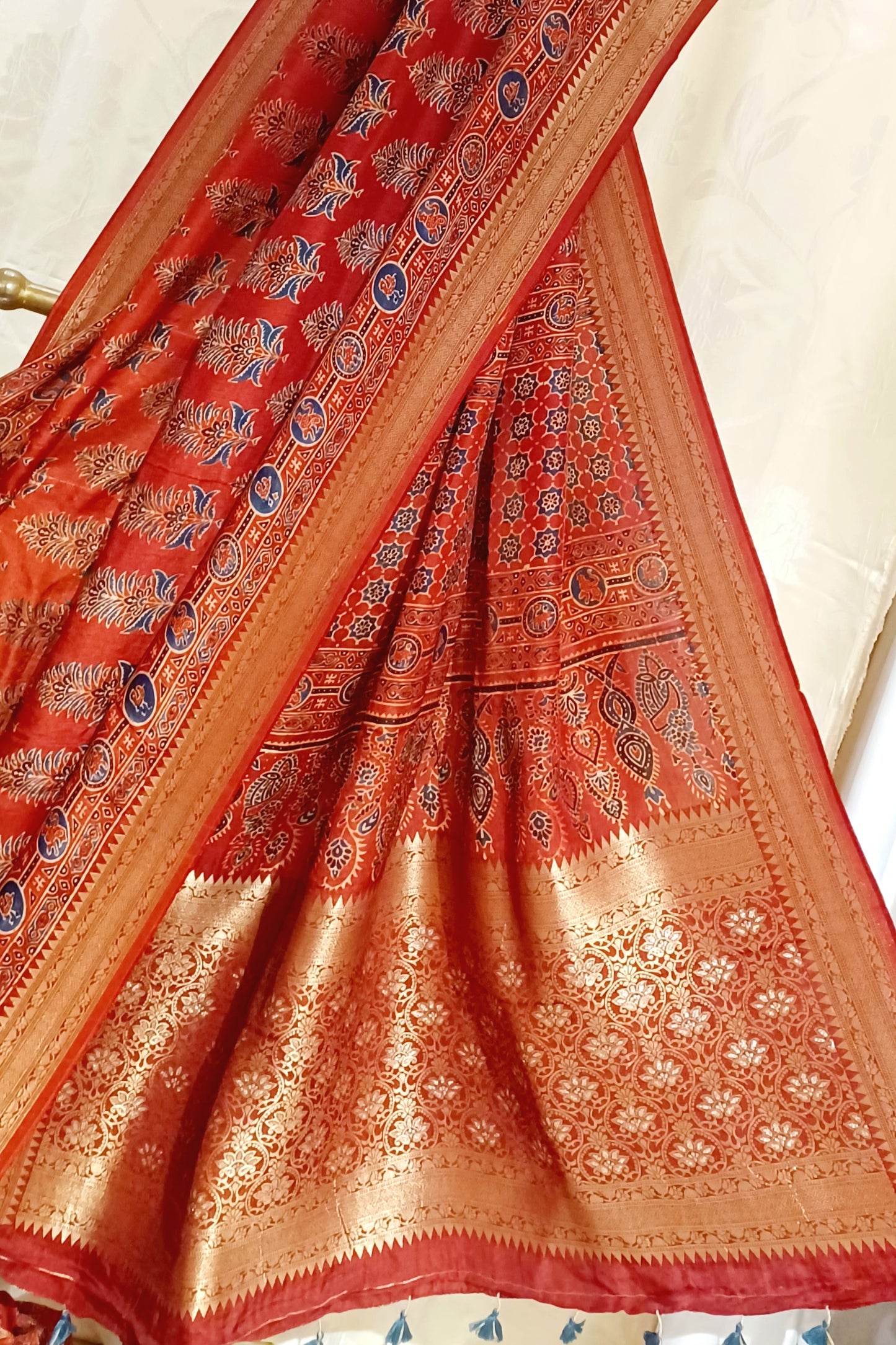Red and Indigo Dola Silk Ajrakh print saree