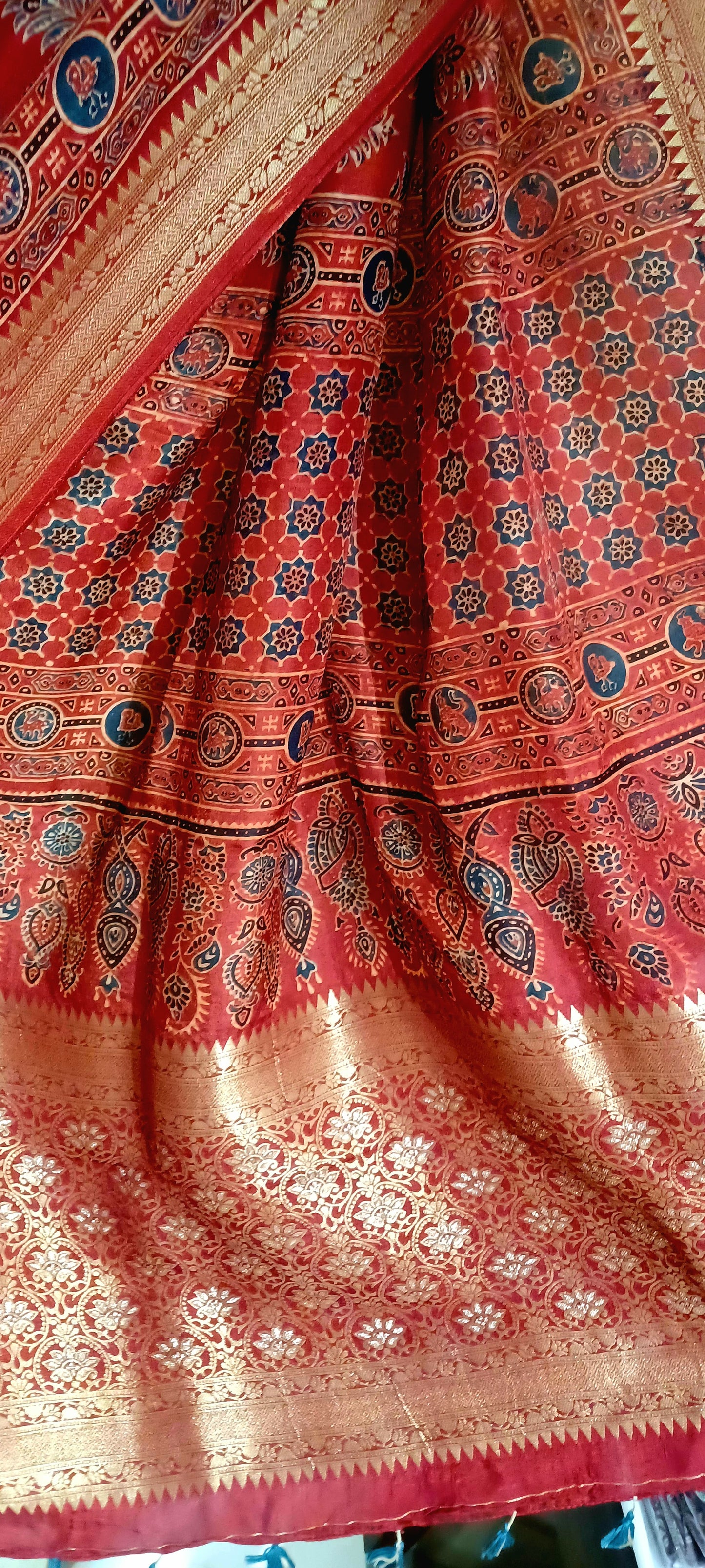 Red and Indigo Dola Silk Ajrakh print saree