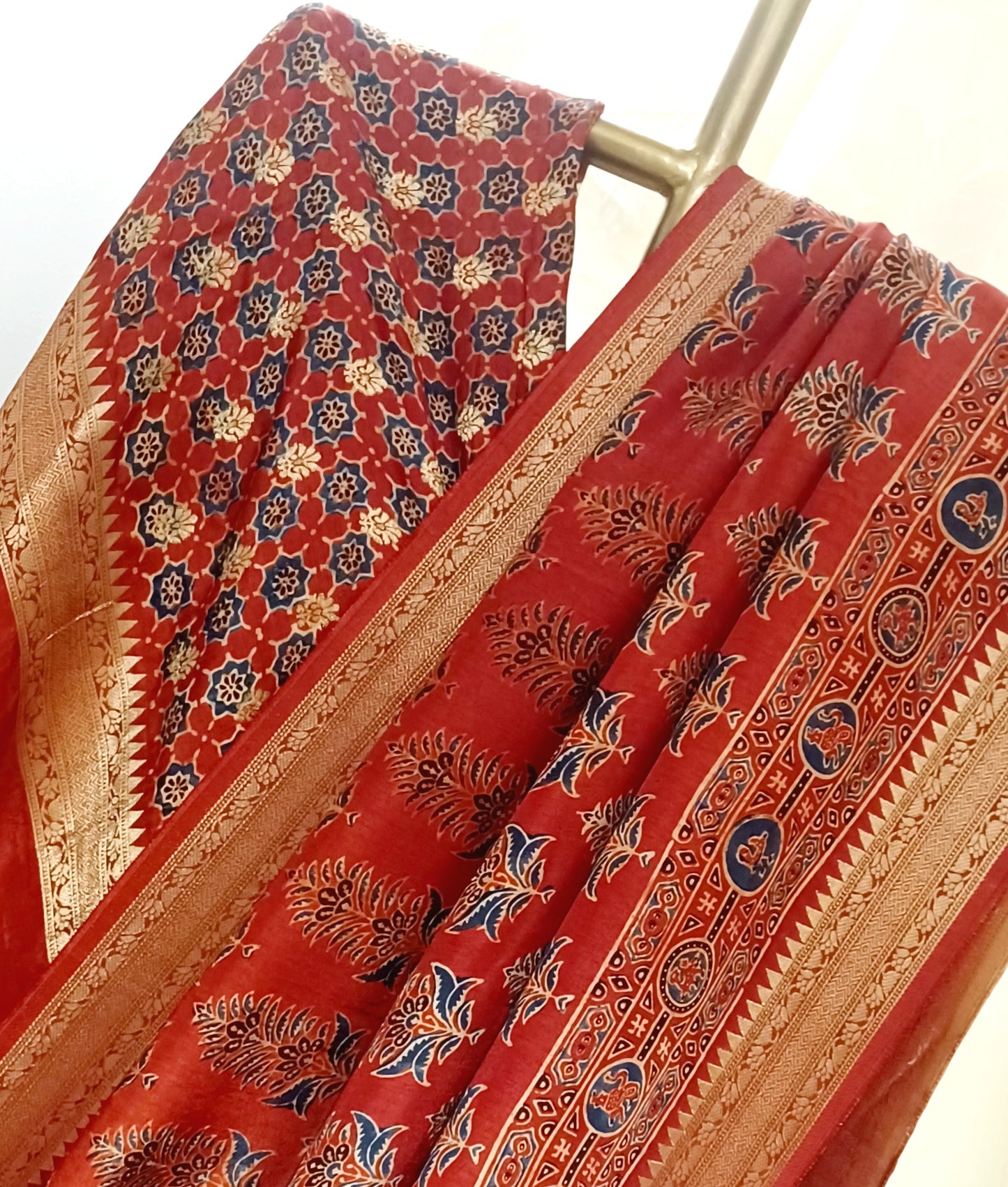Red and Indigo Dola Silk Ajrakh print saree