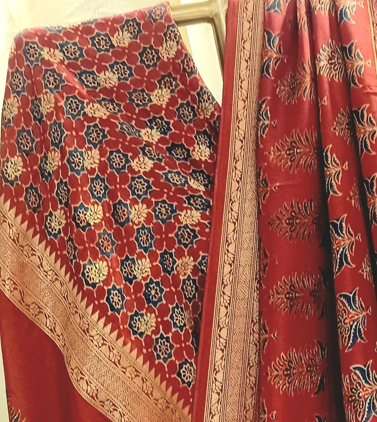 Red and Indigo Dola Silk Ajrakh print saree