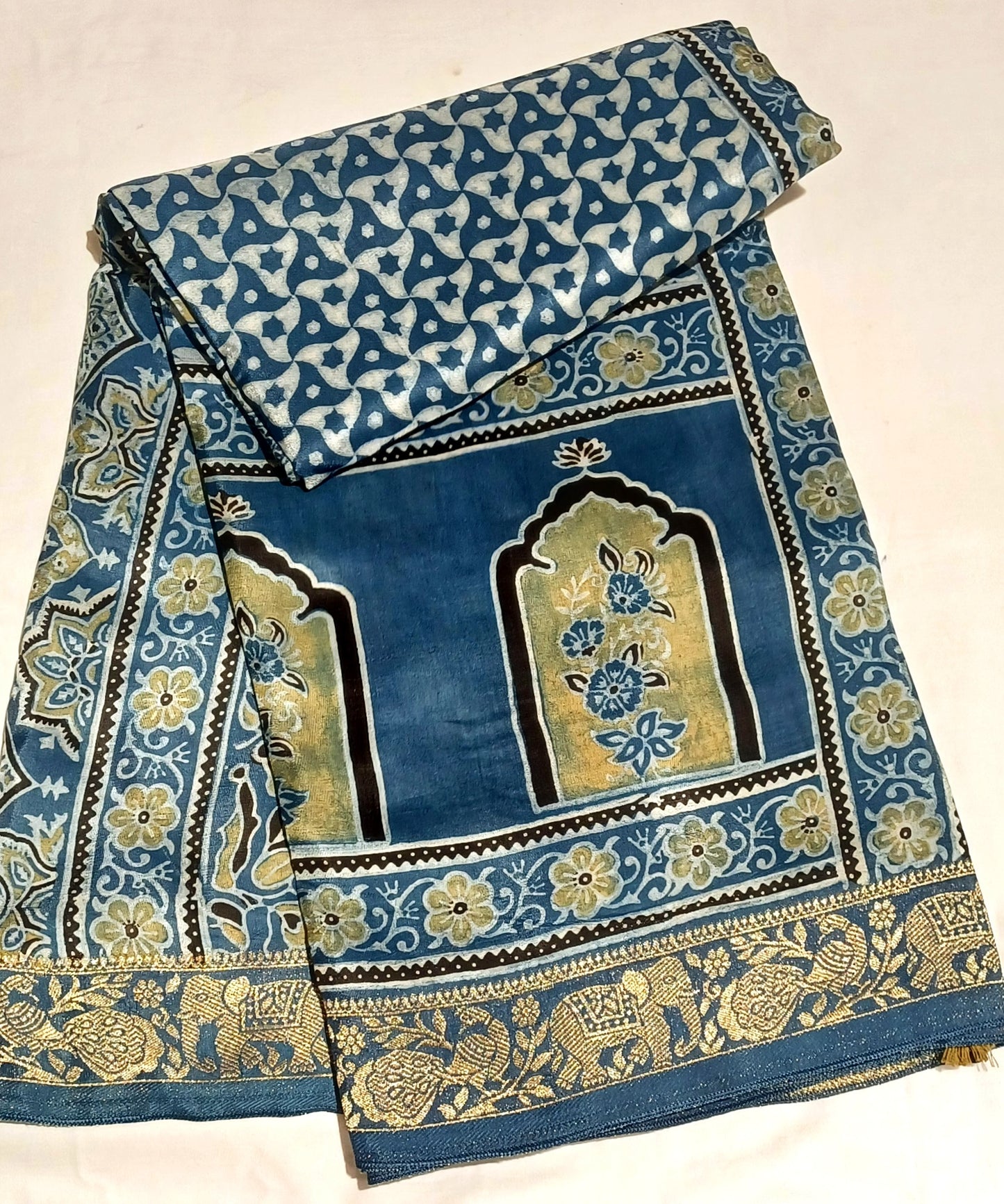 Indigo Blue Dola Silk Ajrakh print saree